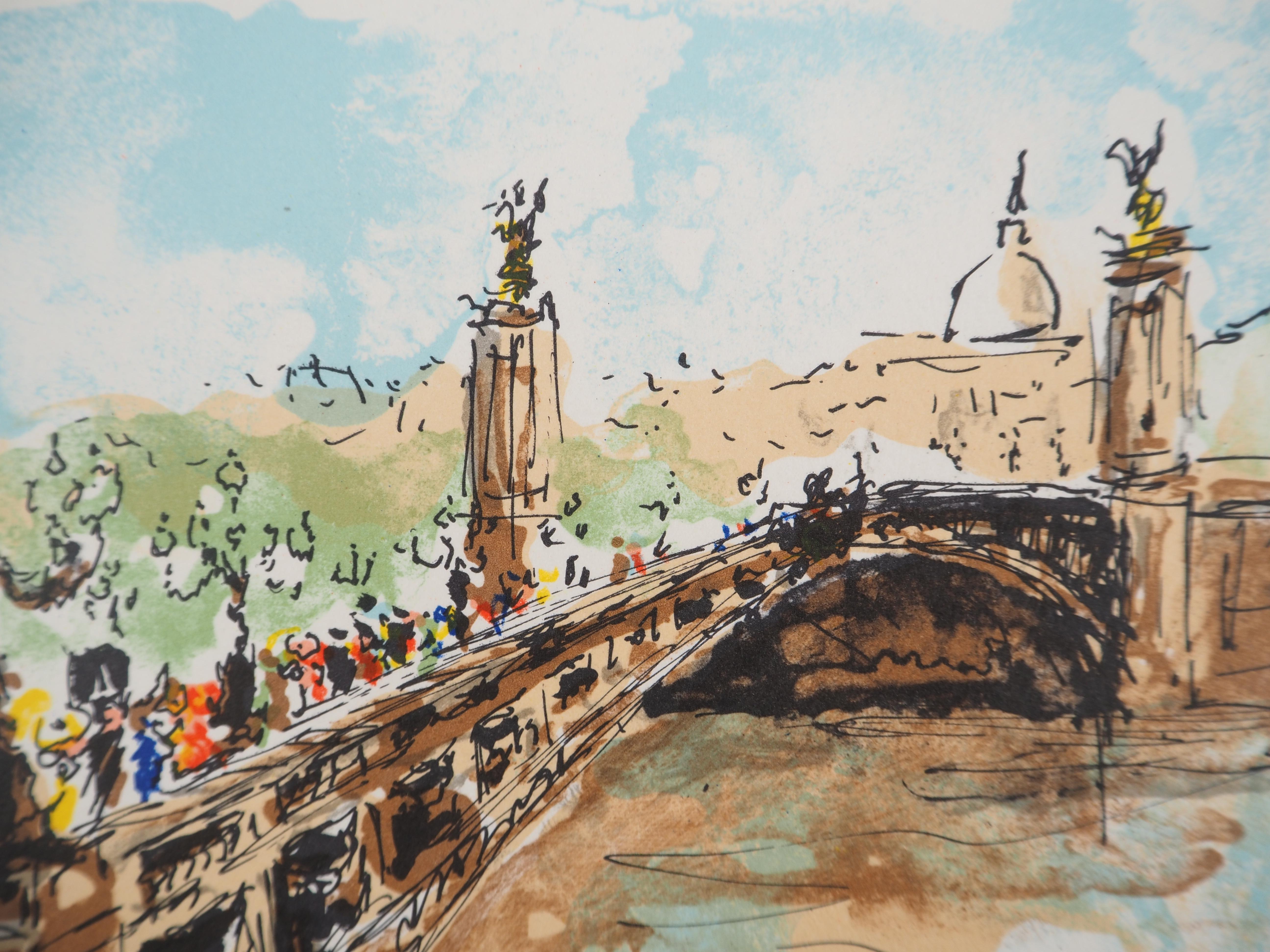 París : Puente Alexandre III - Litografía original firmada a mano y numerada - Print Posimpresionista de Urbain Huchet