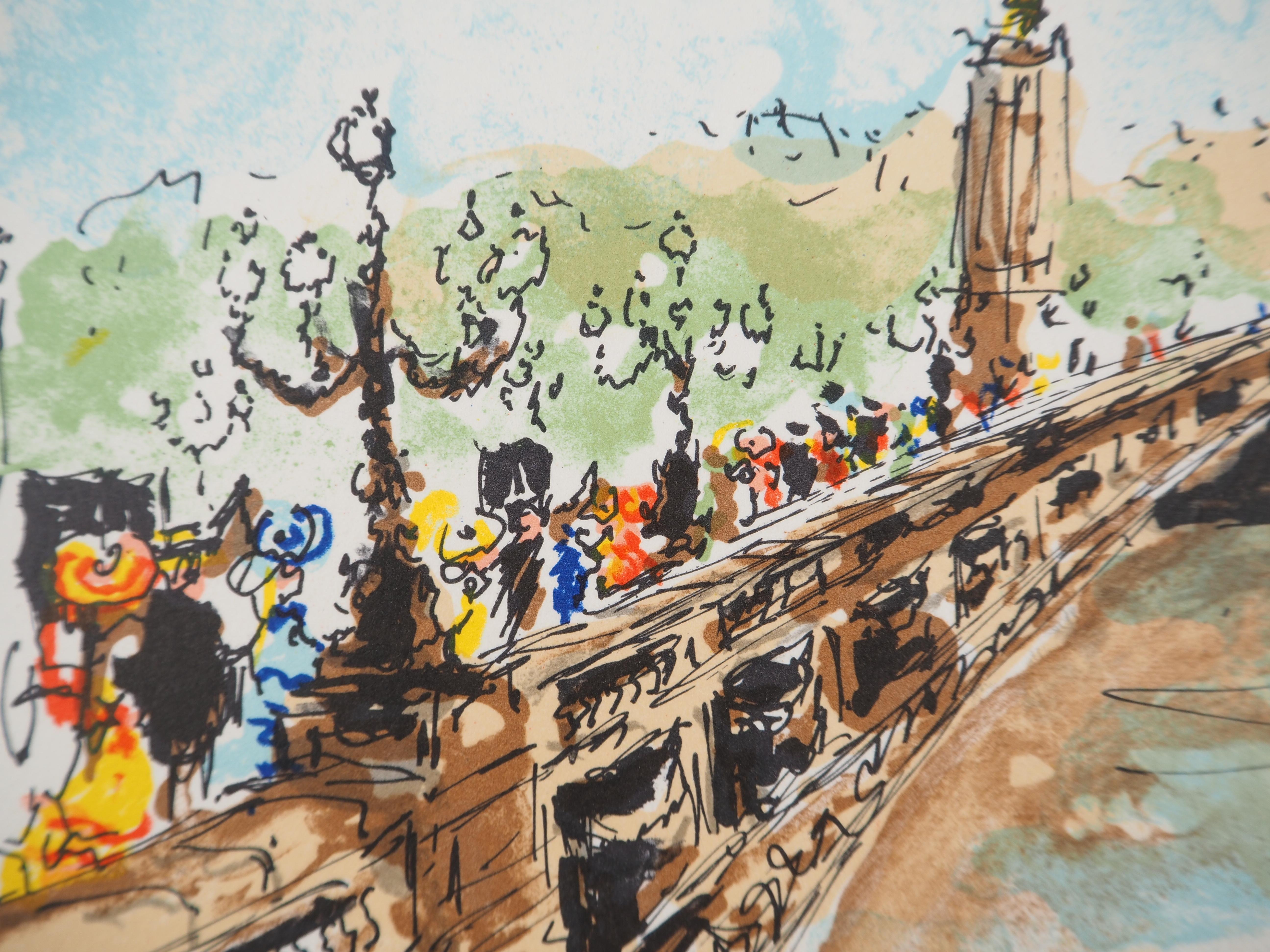 París : Puente Alexandre III - Litografía original firmada a mano y numerada - Landscape Print Gris de Urbain Huchet