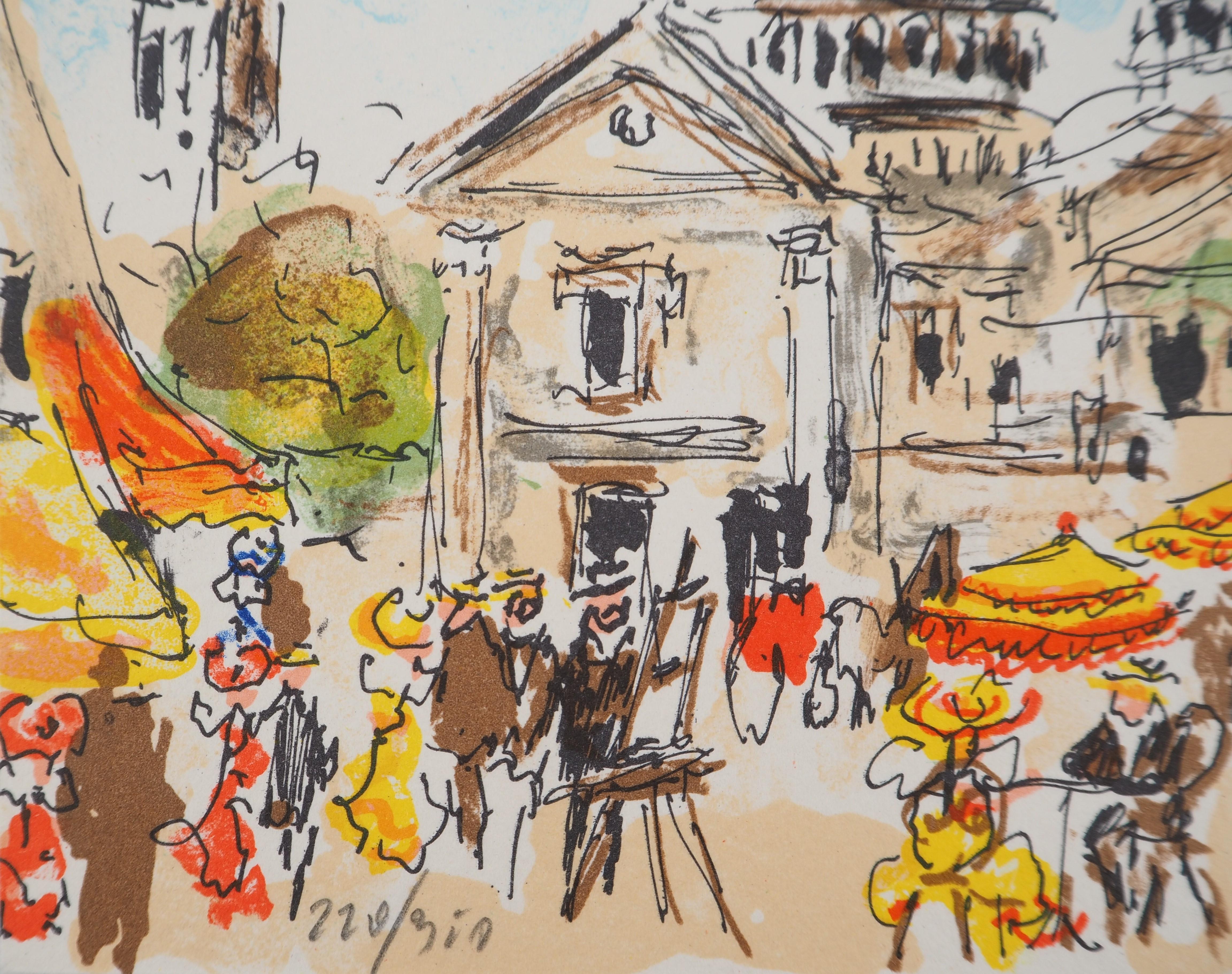 París : Artistas cerca de Montmartre - Litografía original firmada a mano y numerada - Landscape Print Gris de Urbain Huchet