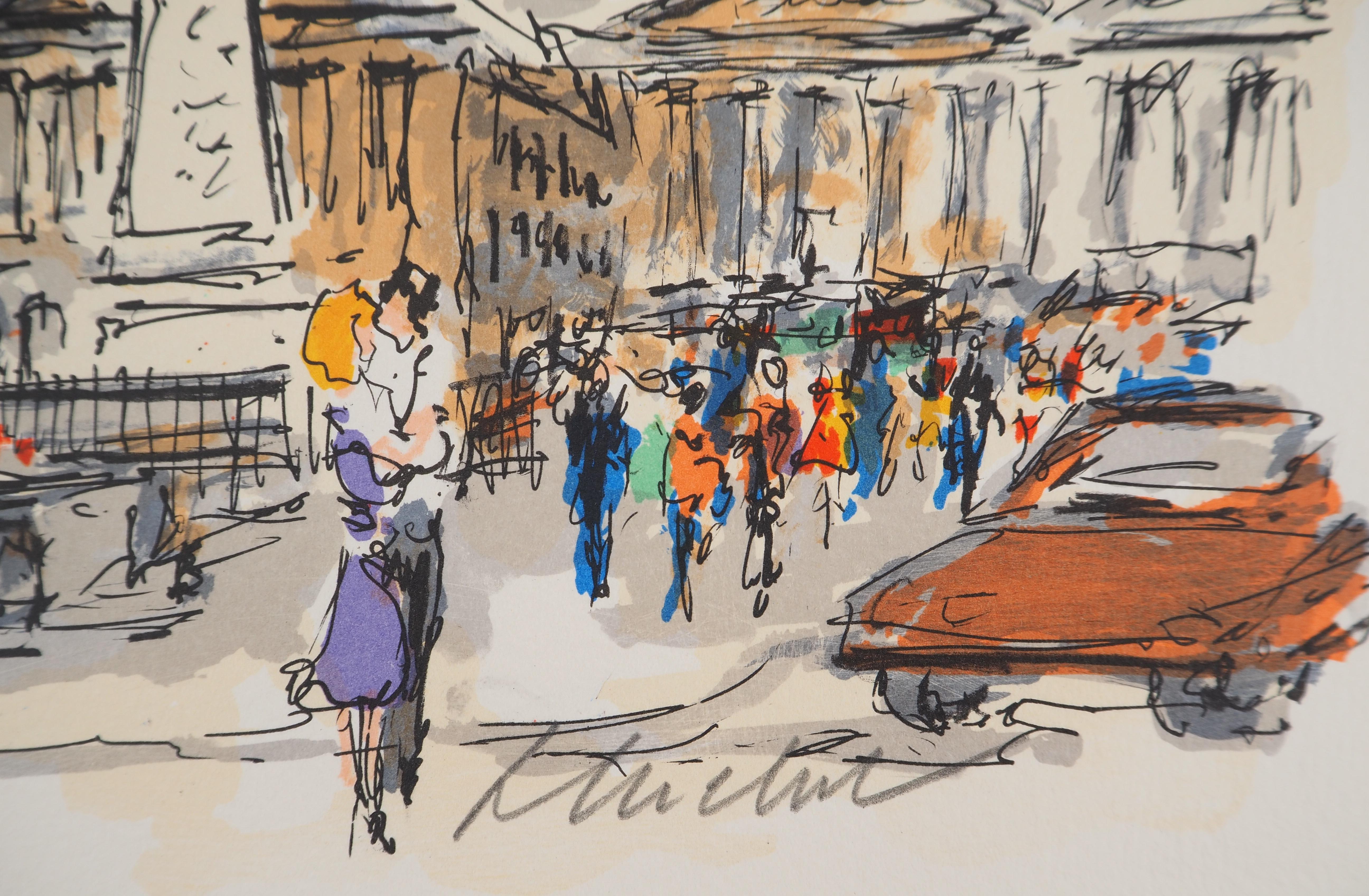 París : Plaza de la Concordia y Embajada Americana - Litografía Original Firmada a Mano - Print de Urbain Huchet