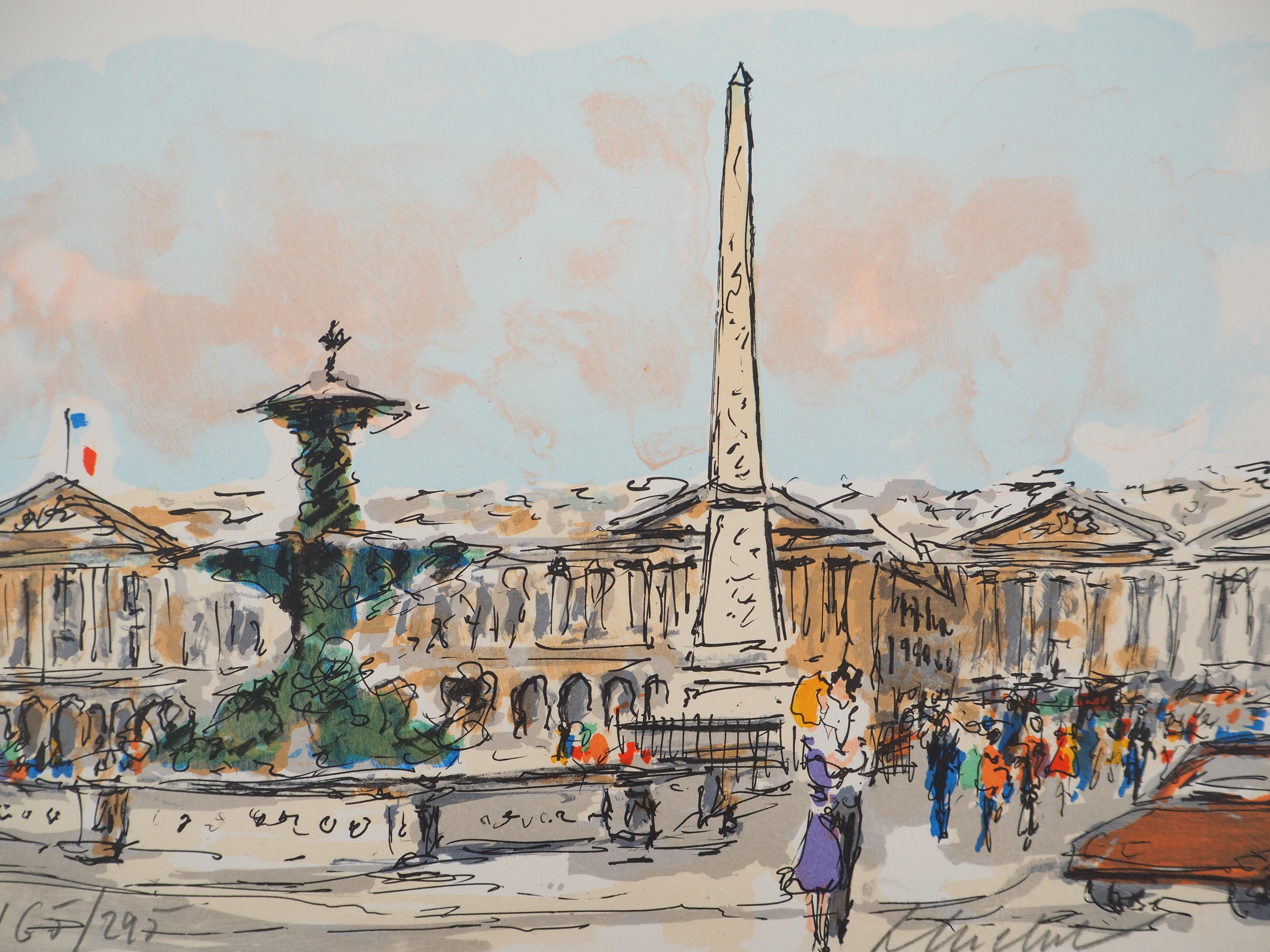 París : Plaza de la Concordia y Embajada Americana - Litografía Original Firmada a Mano - Print Moderno de Urbain Huchet