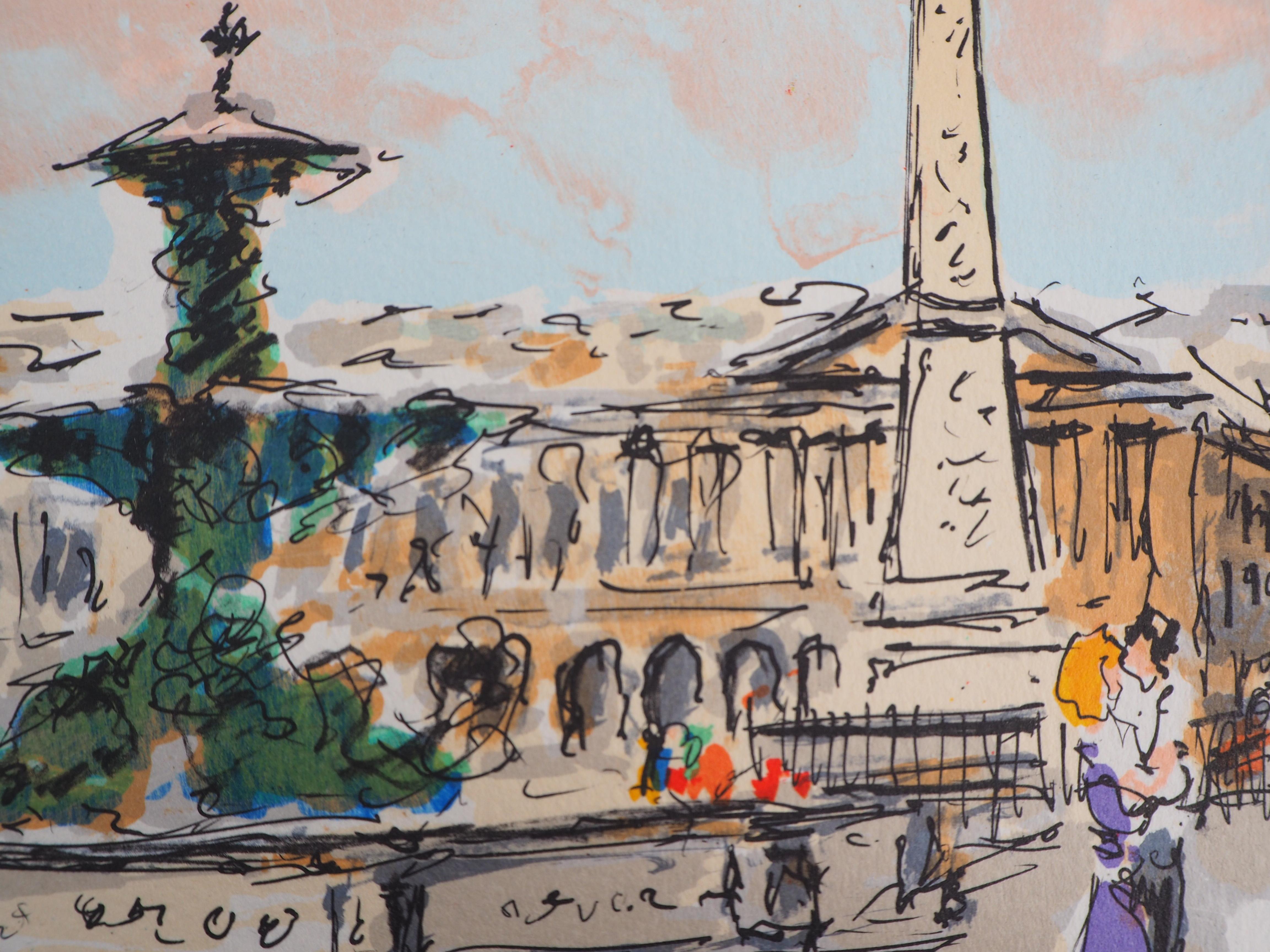 Paris : Concorde Square et l'ambassade américaine - Lithographie originale signée à la main  - Gris Landscape Print par Urbain Huchet