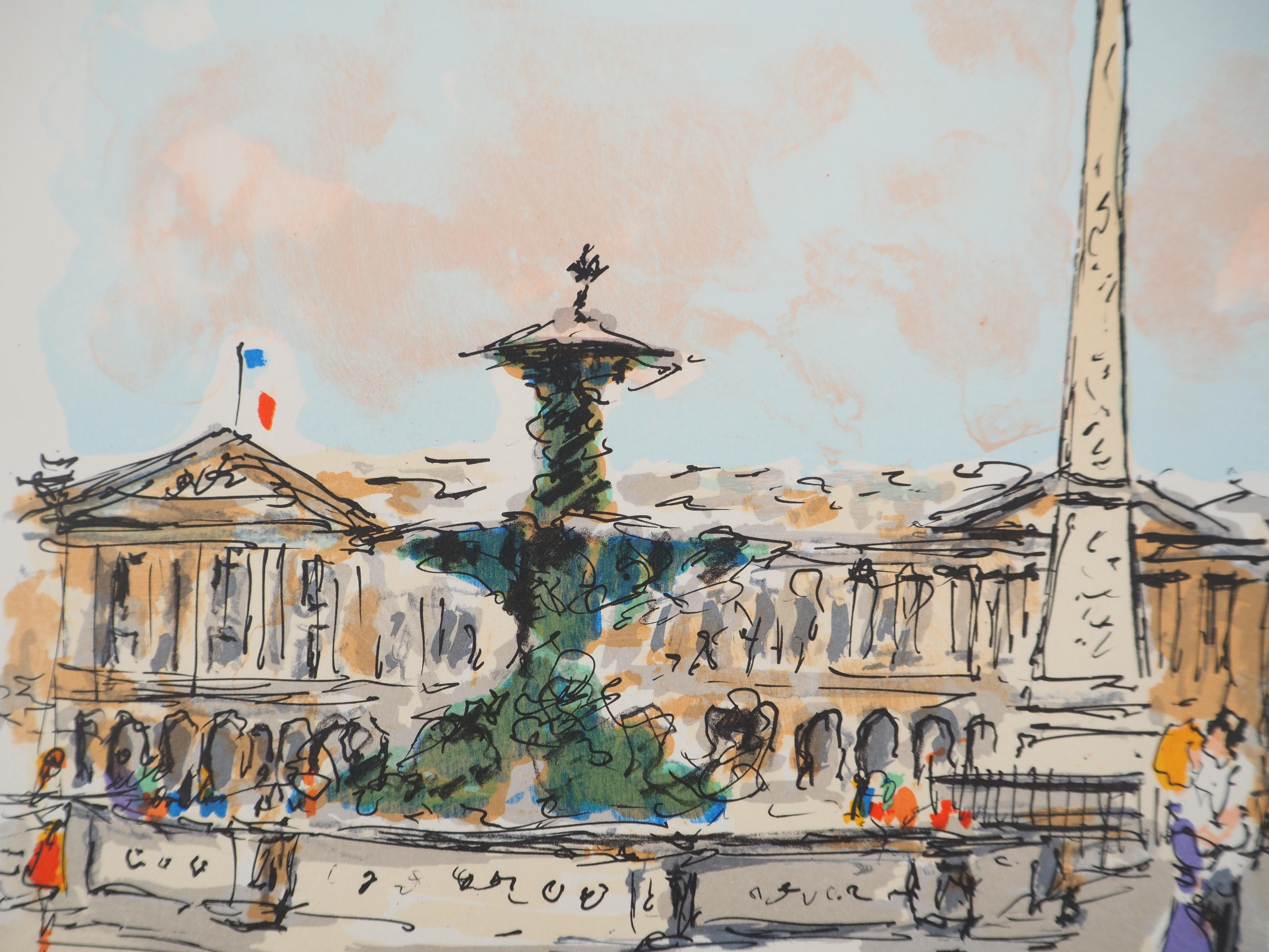 París : Plaza de la Concordia y Embajada Americana - Litografía Original Firmada a Mano - Landscape Print Gris de Urbain Huchet