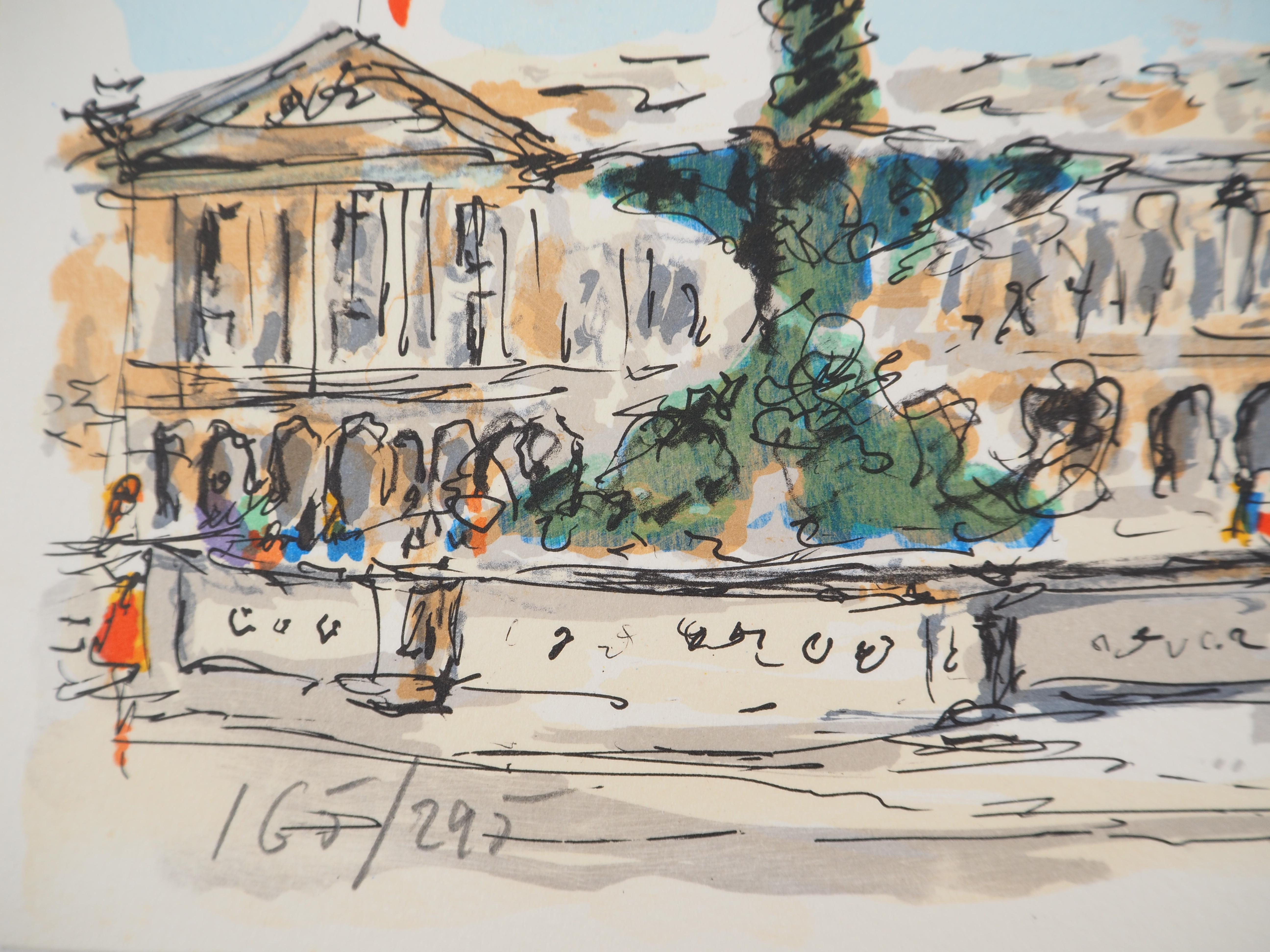 París : Plaza de la Concordia y Embajada Americana - Litografía Original Firmada a Mano en venta 1