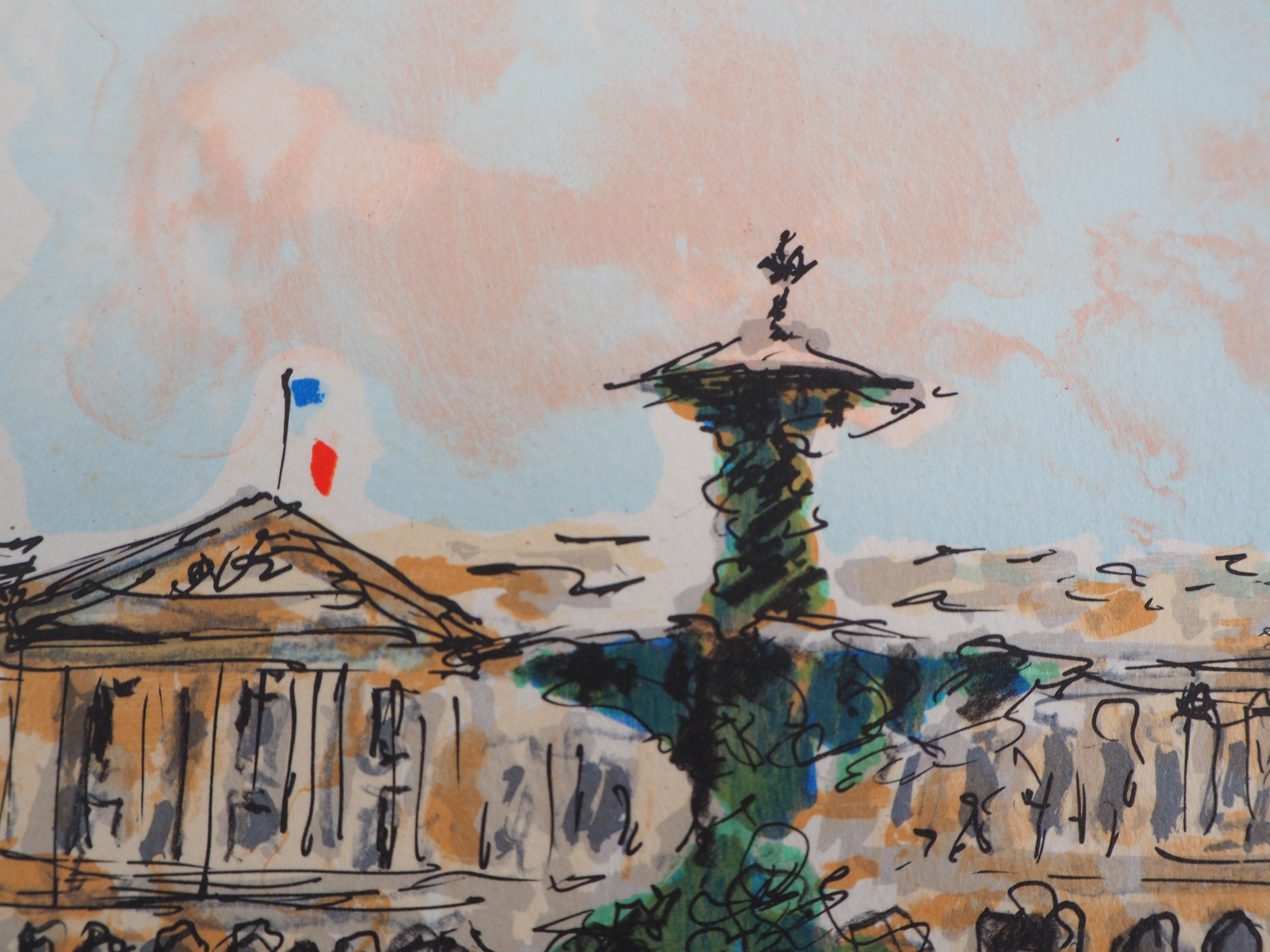 Paris : Concorde Square and American Embassy - Original Lithograph Handsigned  - Modern Print by Urbain Huchet