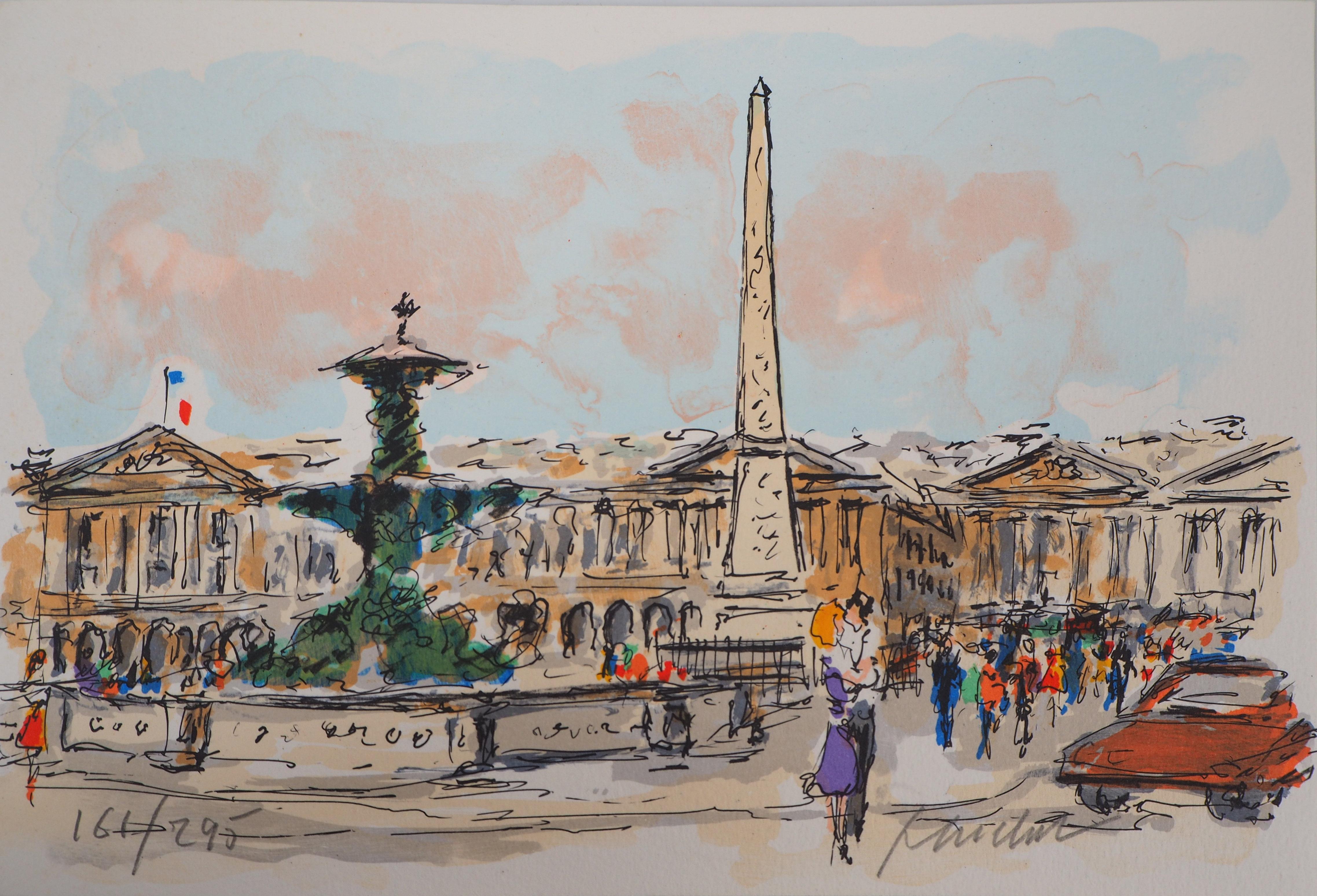 Paris : Concorde Square et l'ambassade américaine - Lithographie originale signée à la main 