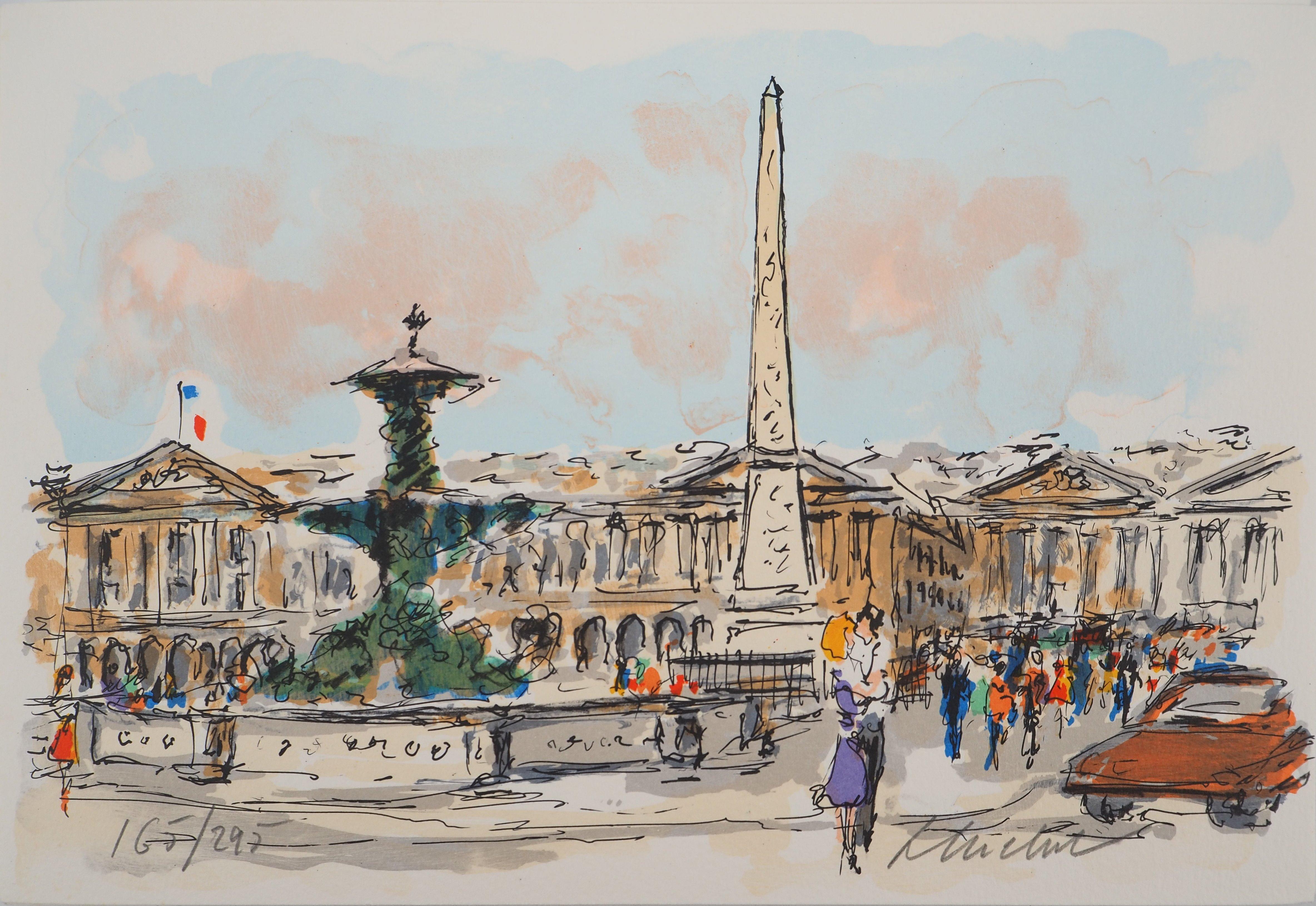 Landscape Print de Urbain Huchet - París : Plaza de la Concordia y Embajada Americana - Litografía Original Firmada a Mano