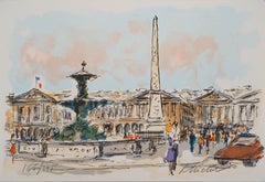 Paris : Concorde Square and American Embassy - Original Lithograph Handsigned