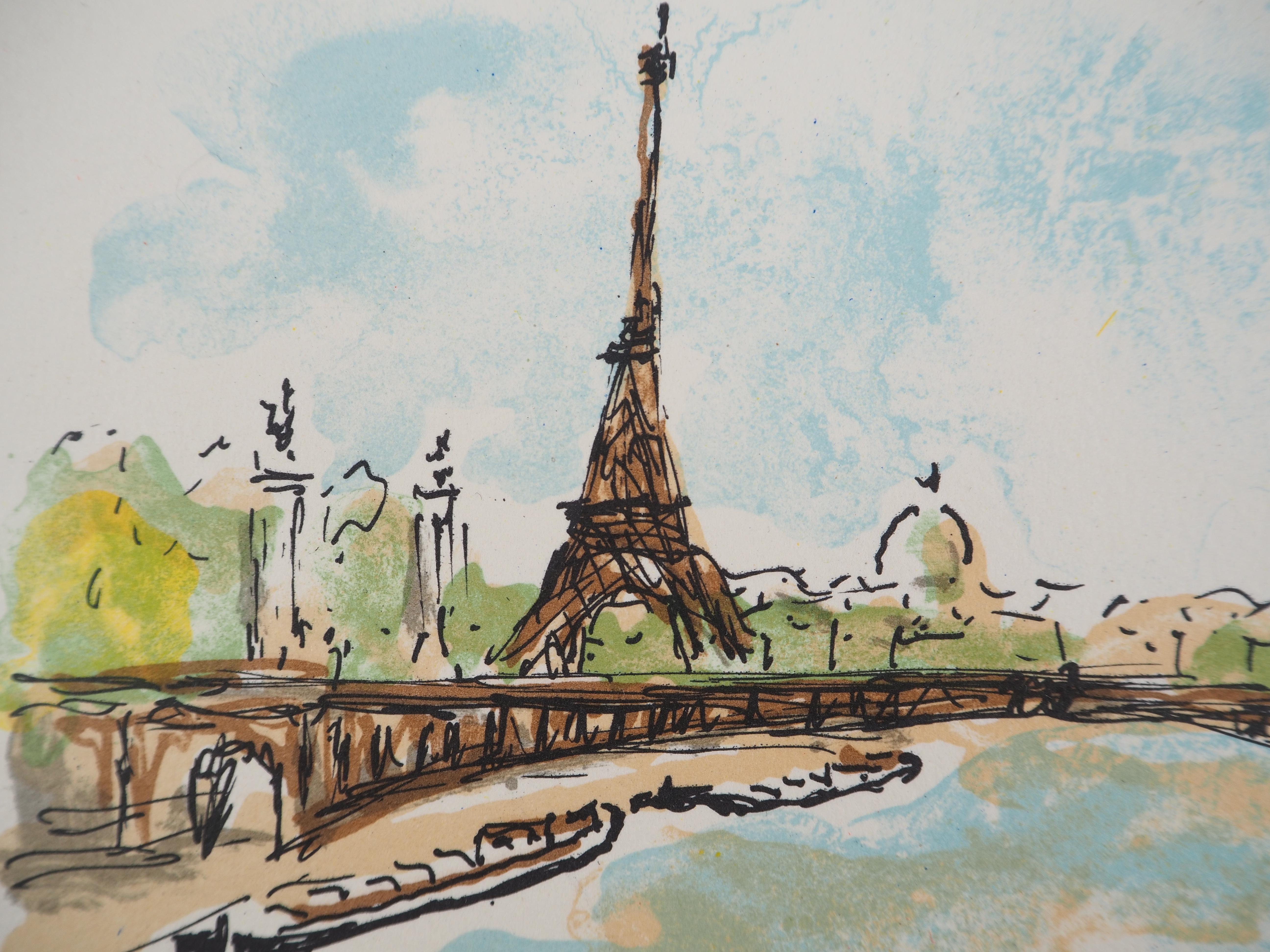 Paris : Eiffel Tower - Original Lithograph Handsigned and Numbered - Post-Impressionist Print by Urbain Huchet
