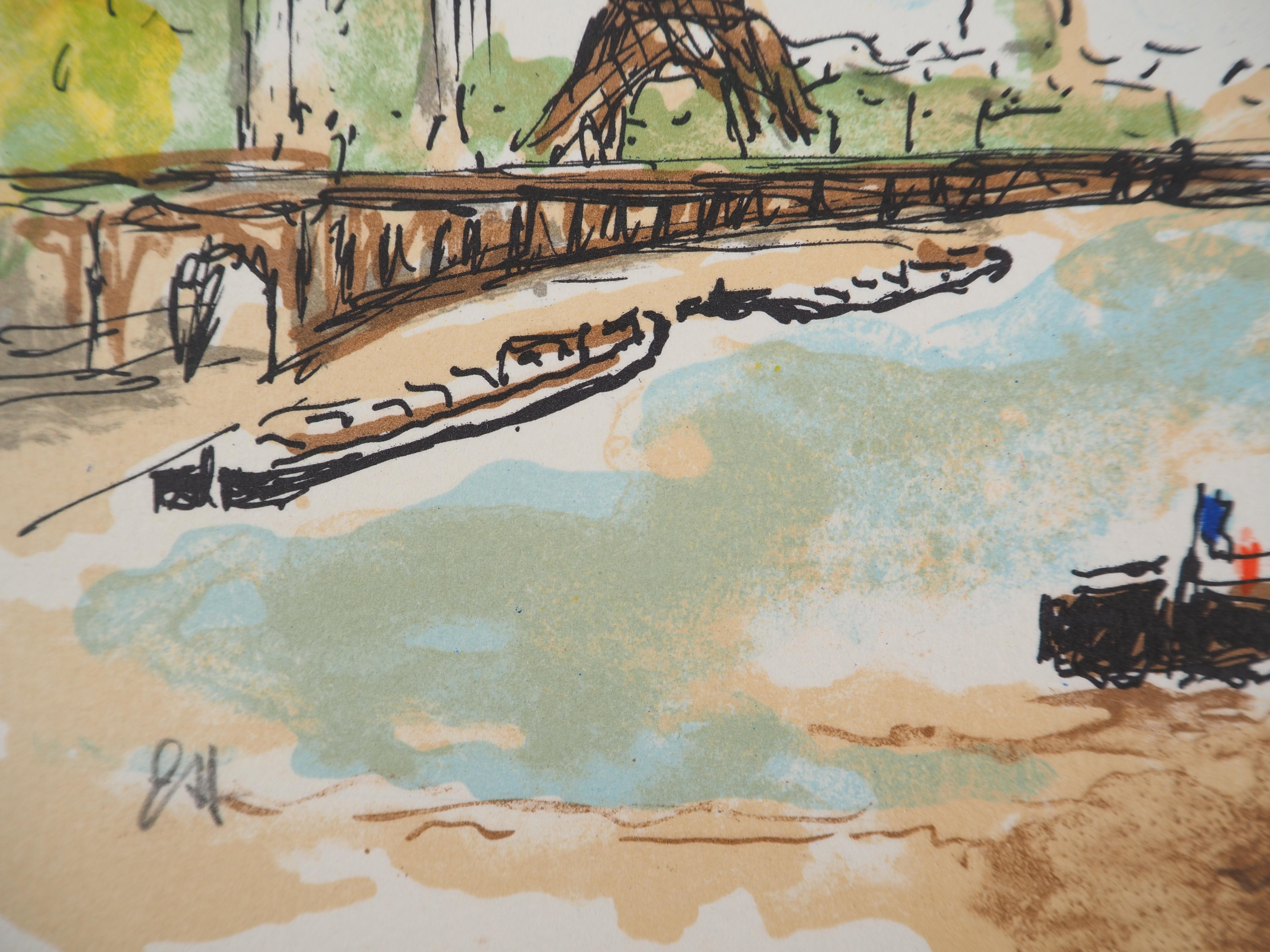 Paris : Eiffel Tower - Original Lithograph Handsigned and Numbered - Gray Landscape Print by Urbain Huchet