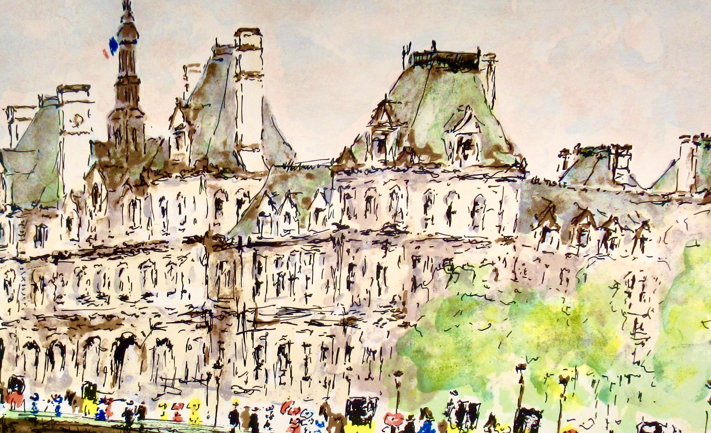 Paris, l'Hotel De Ville - Beige Figurative Print by Urbain Huchet