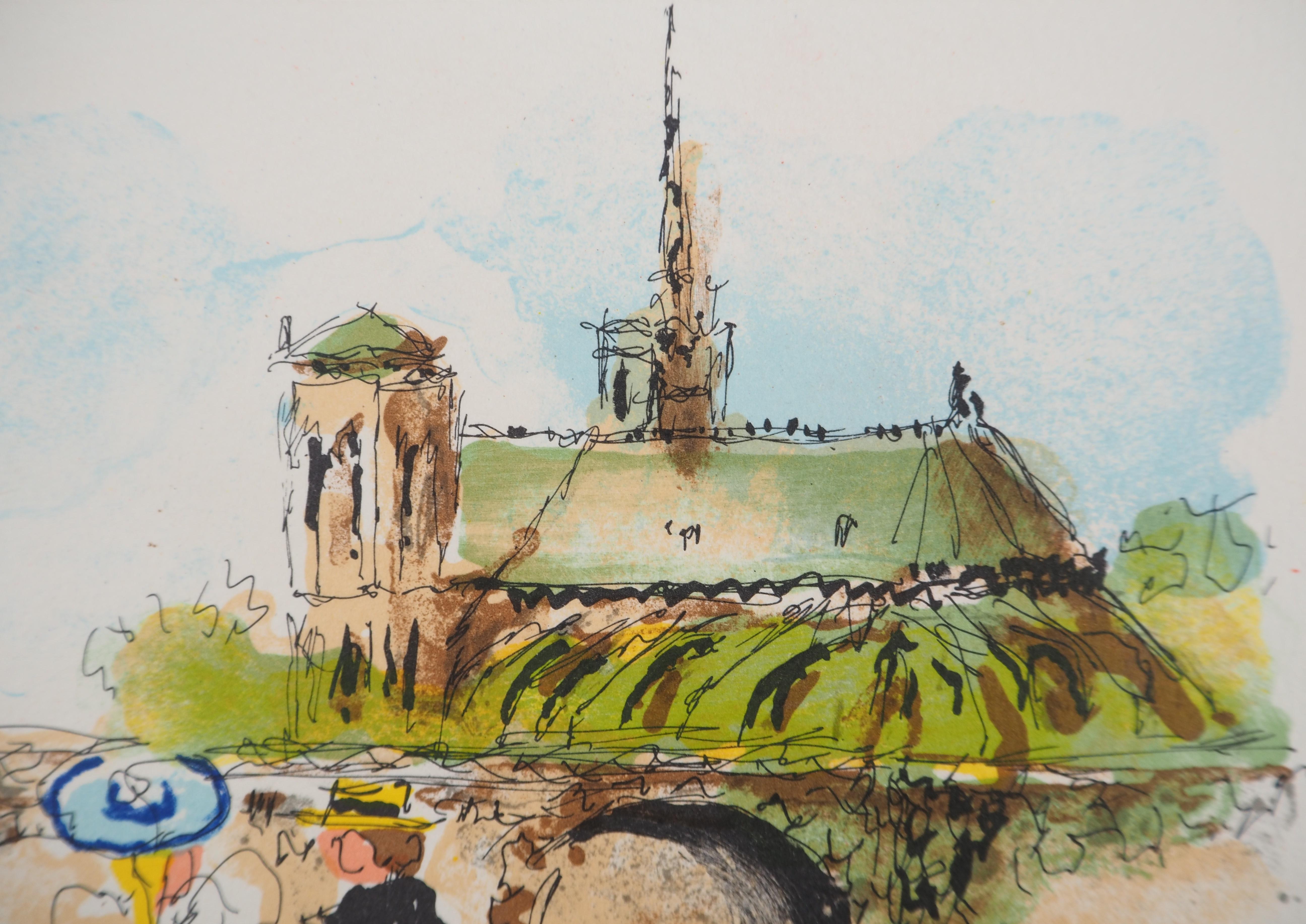París : Enamorados cerca de Notre Dame - Litografía original firmada a mano y numerada - Print Posimpresionista de Urbain Huchet
