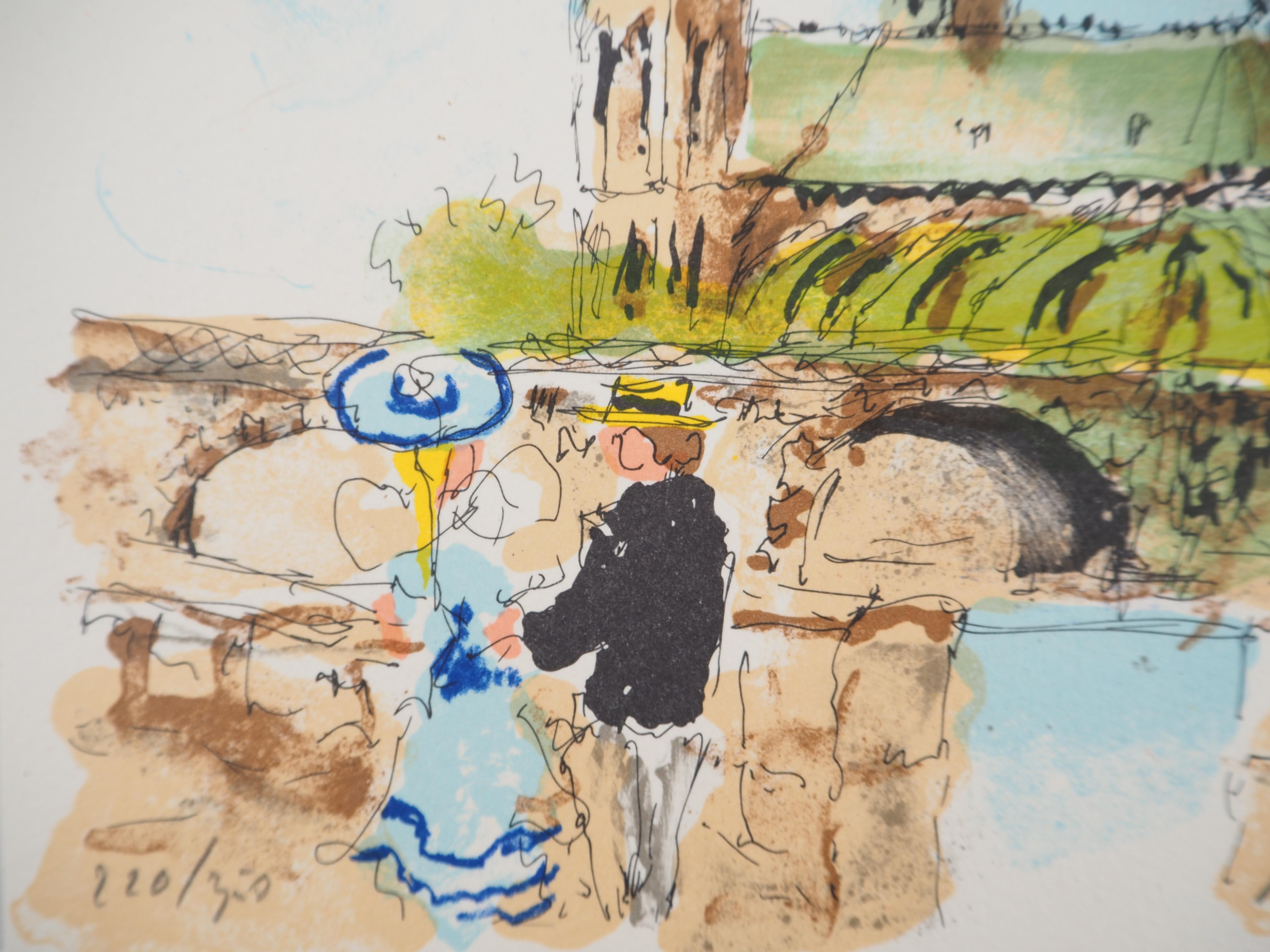 París : Enamorados cerca de Notre Dame - Litografía original firmada a mano y numerada - Landscape Print Beige de Urbain Huchet