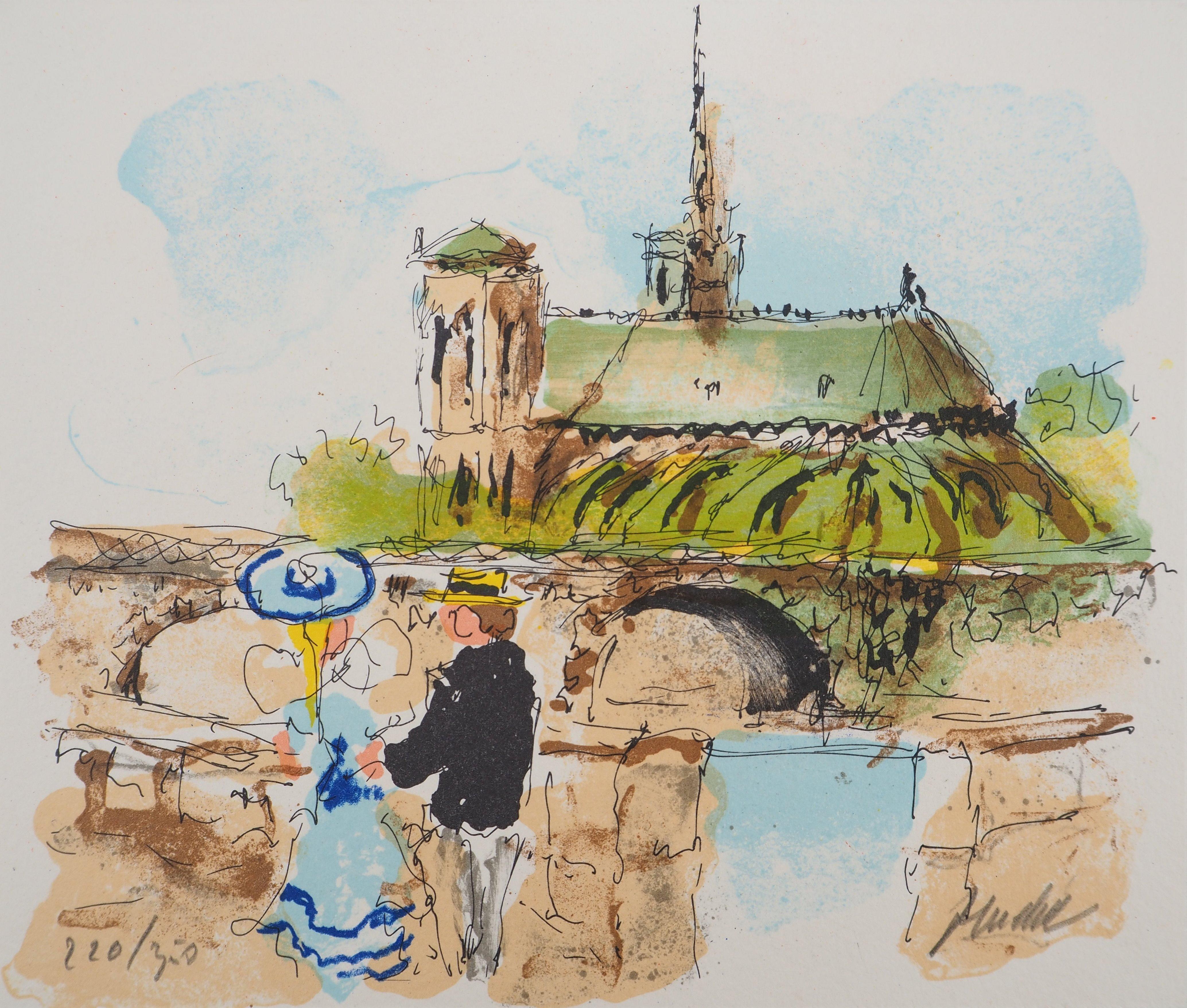Landscape Print de Urbain Huchet - París : Enamorados cerca de Notre Dame - Litografía original firmada a mano y numerada
