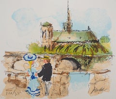París : Enamorados cerca de Notre Dame - Litografía original firmada a mano y numerada