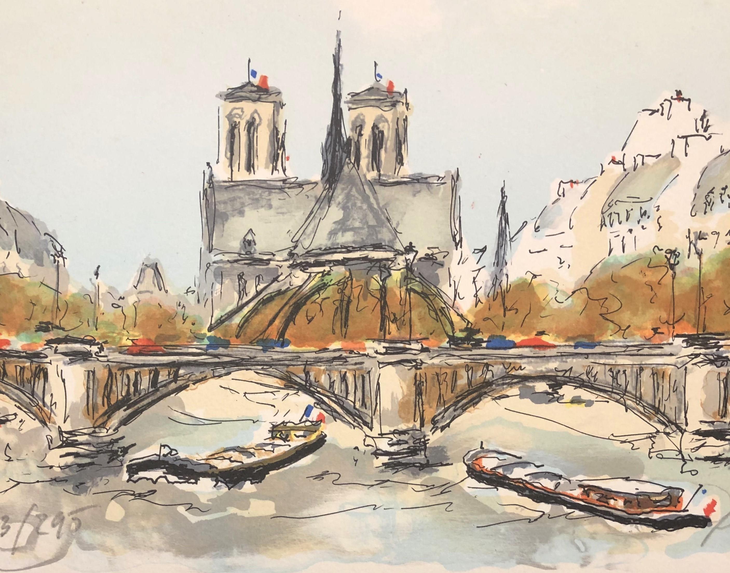 Paris, Notre Dame de Paris et la Seine - Lithographie originale signée & N° - Print de Urbain Huchet