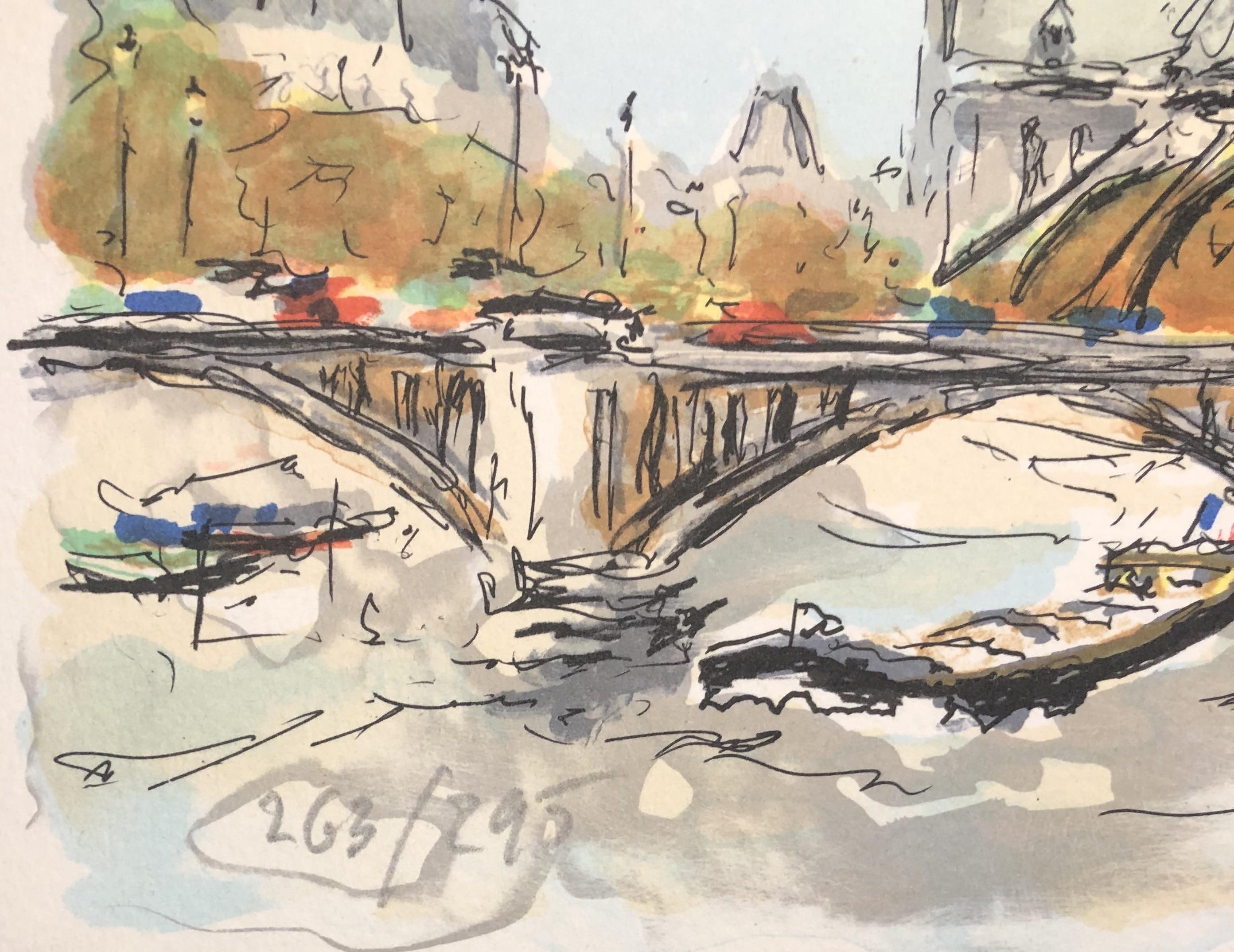 Paris, Notre Dame de Paris et la Seine - Lithographie originale signée & N° - Beige Landscape Print par Urbain Huchet
