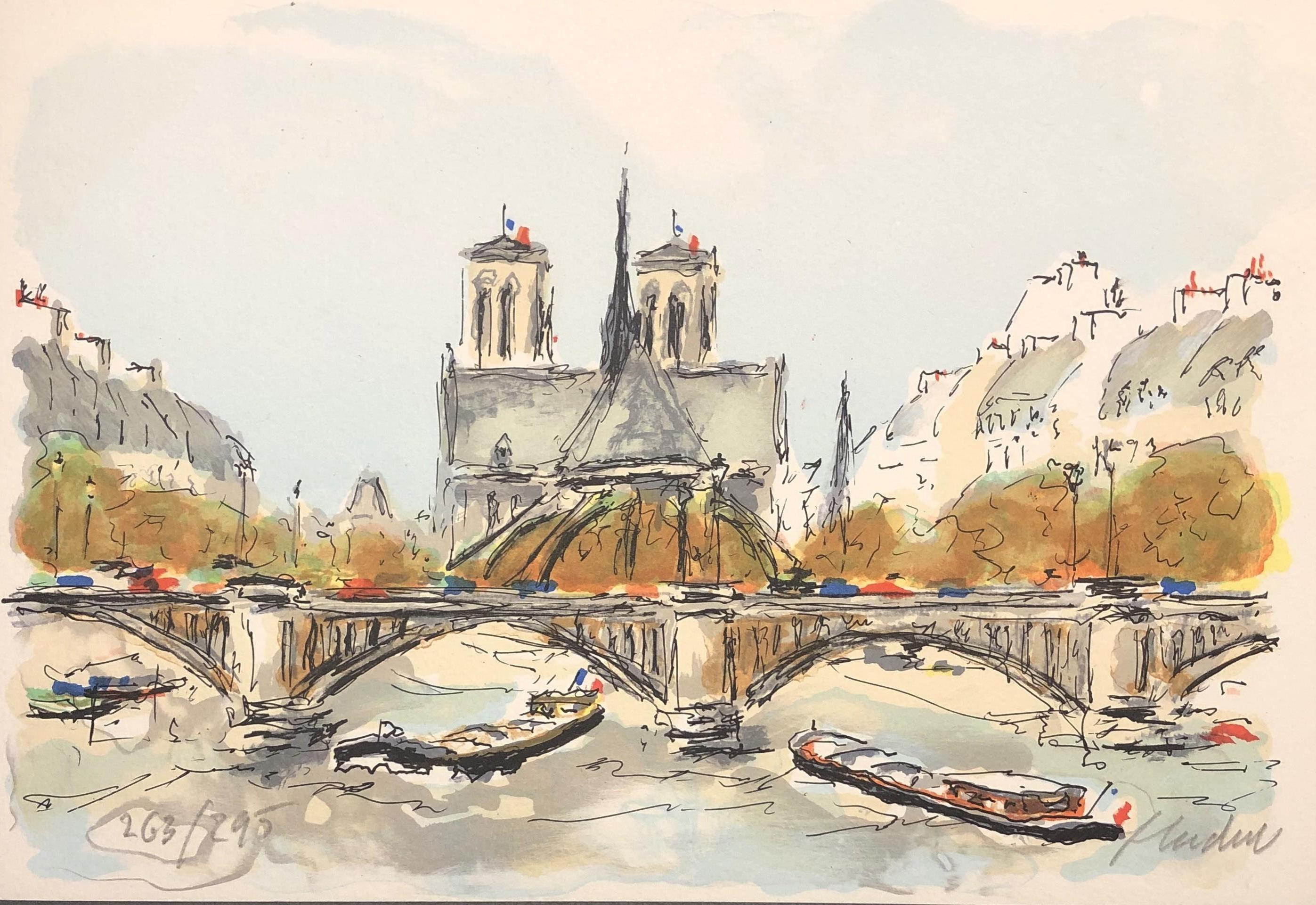 Landscape Print Urbain Huchet - Paris, Notre Dame de Paris et la Seine - Lithographie originale signée & N°