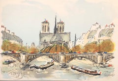 Paris, Notre Dame de Paris and Seine River - Original Lithograph Handsigned & N°