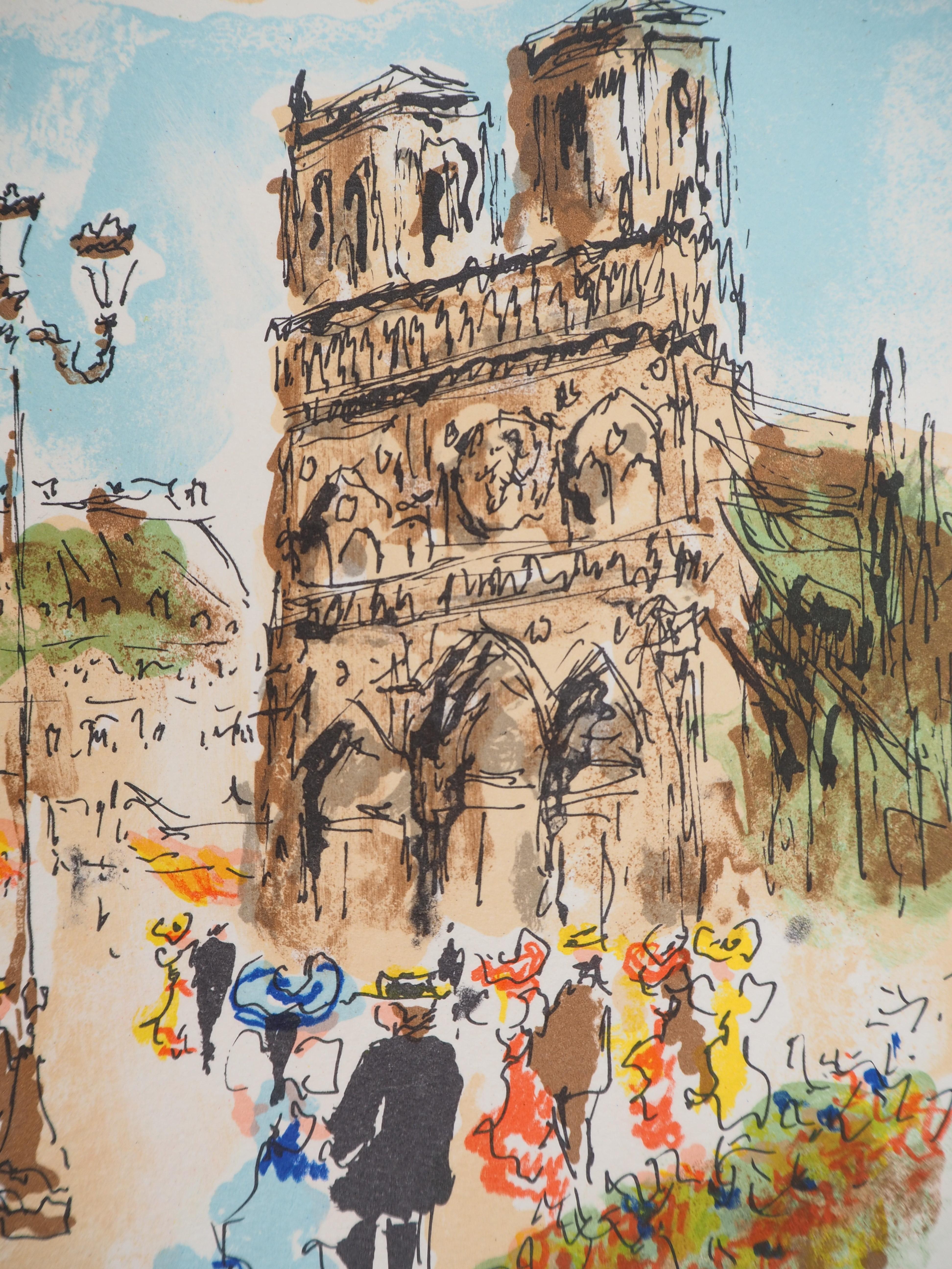 París : Notre Dame durante el verano - Litografía original firmada a mano y numerada - Print de Urbain Huchet