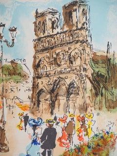 Parigi: Notre Dame in estate - Litografia originale firmata e numerata a mano