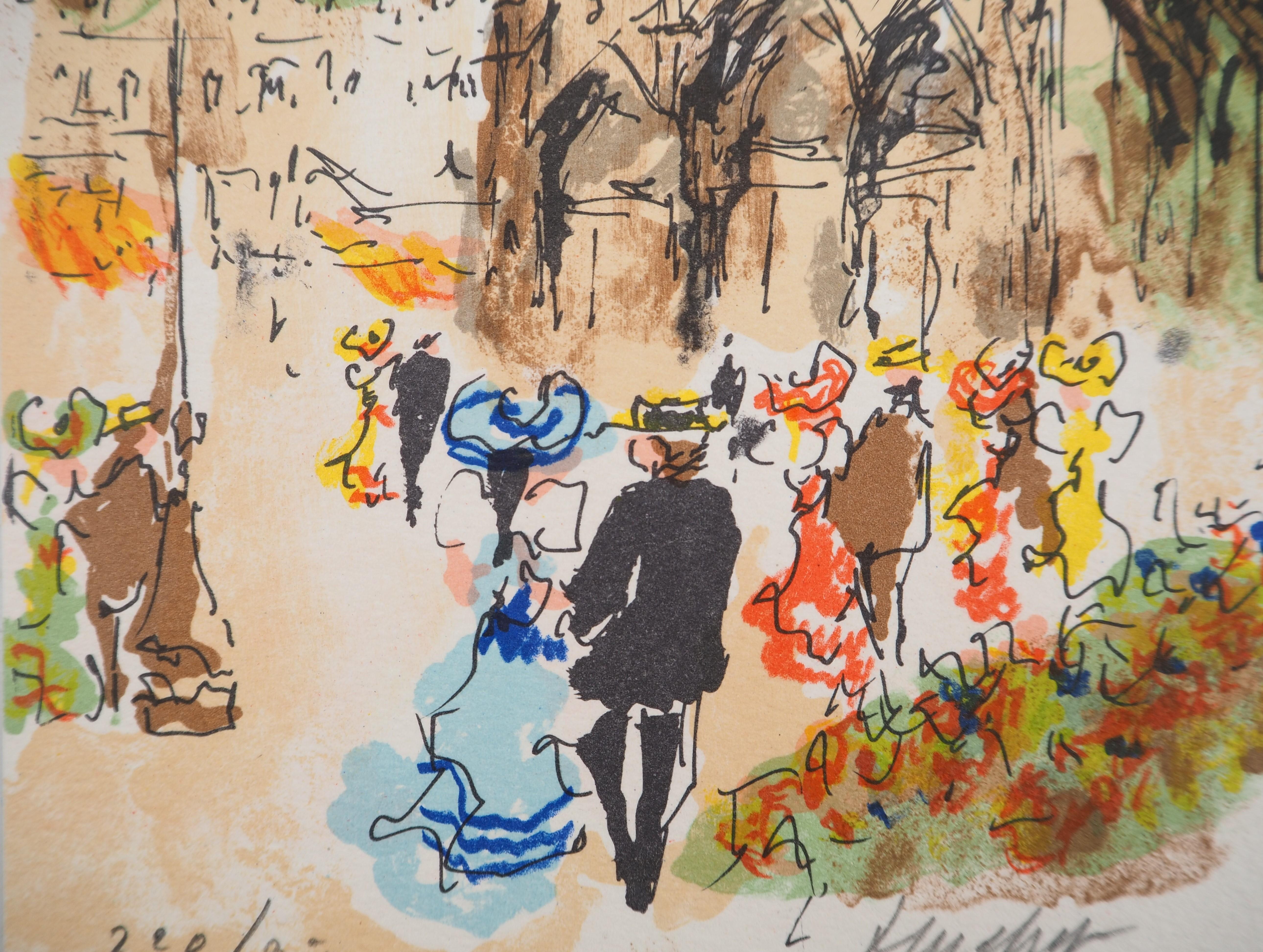 París : Notre Dame durante el verano - Litografía original firmada a mano y numerada - Print Posimpresionista de Urbain Huchet