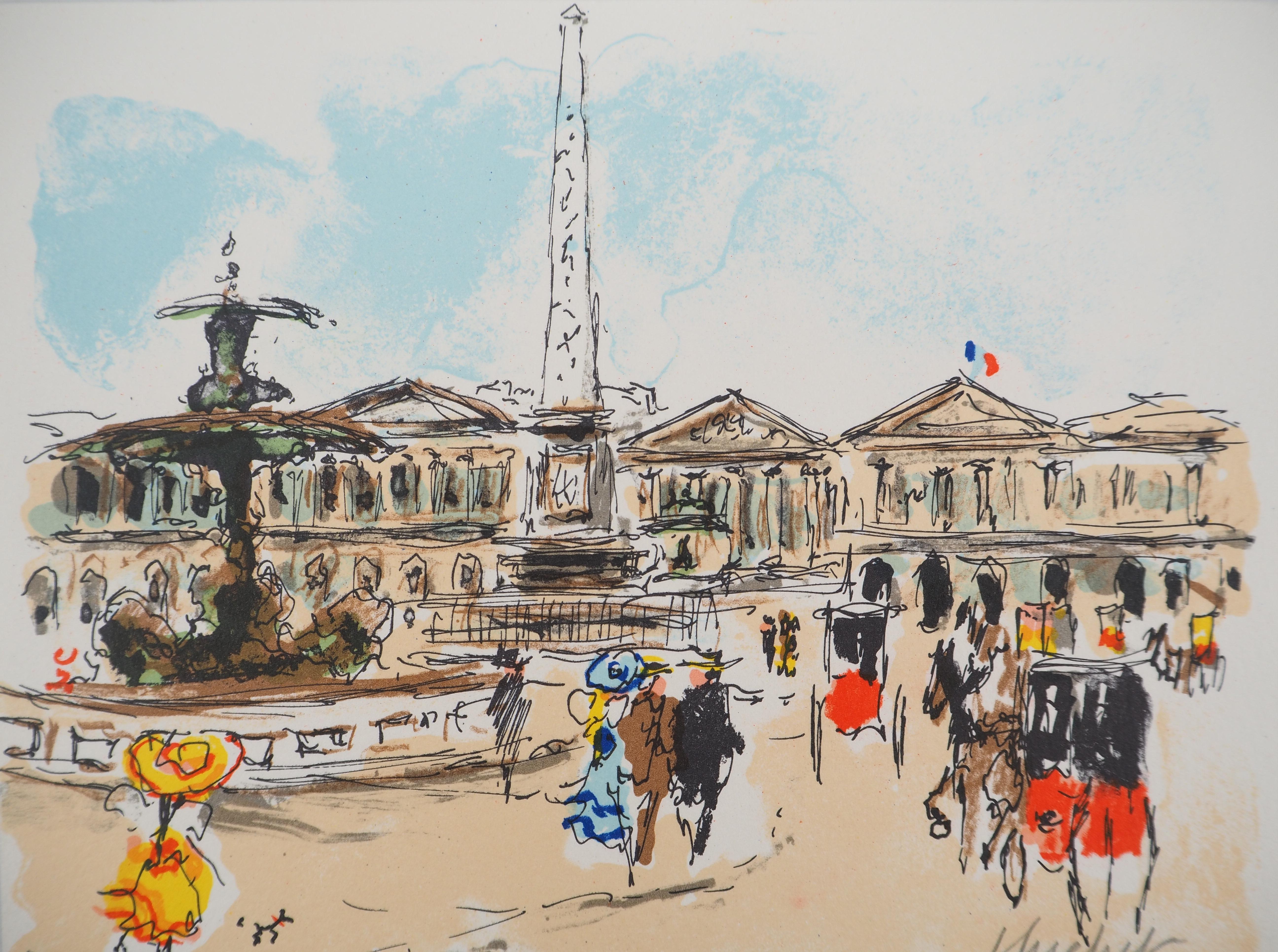 Paris : Obelisk at Champs Elysees - Original Lithograph Handsigned and Numbered - Print by Urbain Huchet