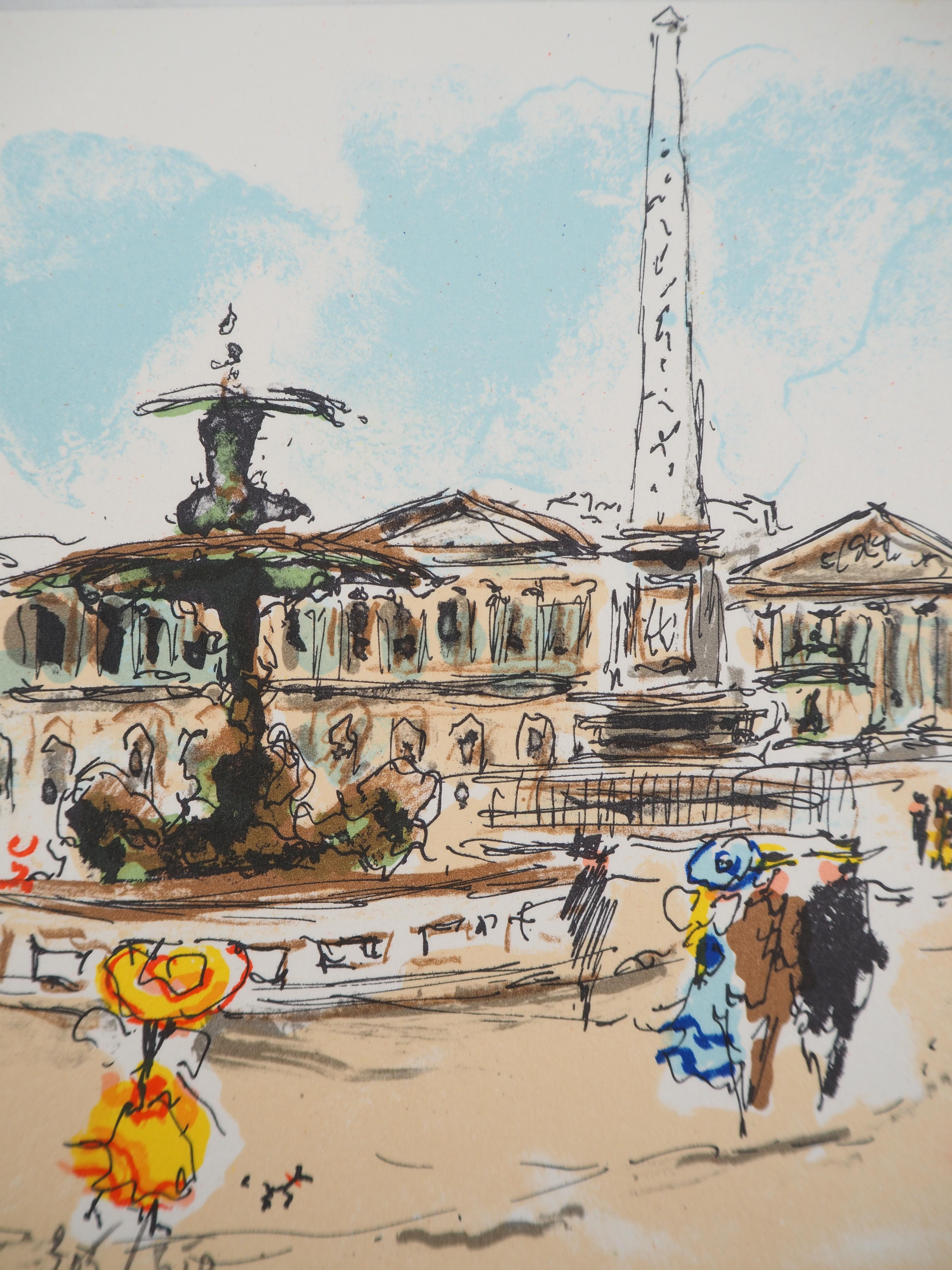 Paris : Obelisk at Champs Elysees - Original Lithograph Handsigned and Numbered - Post-Impressionist Print by Urbain Huchet