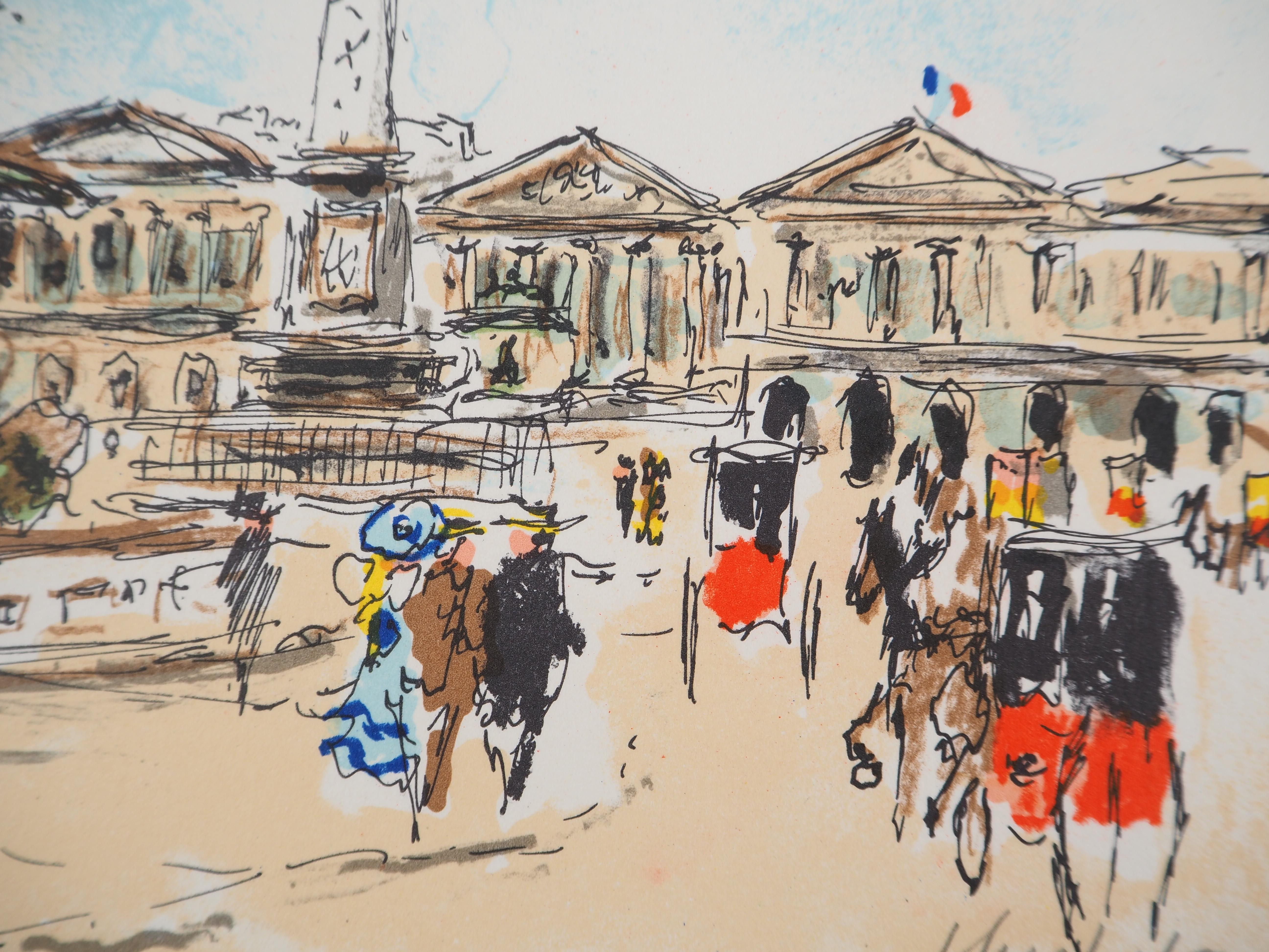 Paris : Obelisk at Champs Elysees - Original Lithograph Handsigned and Numbered - Gray Landscape Print by Urbain Huchet