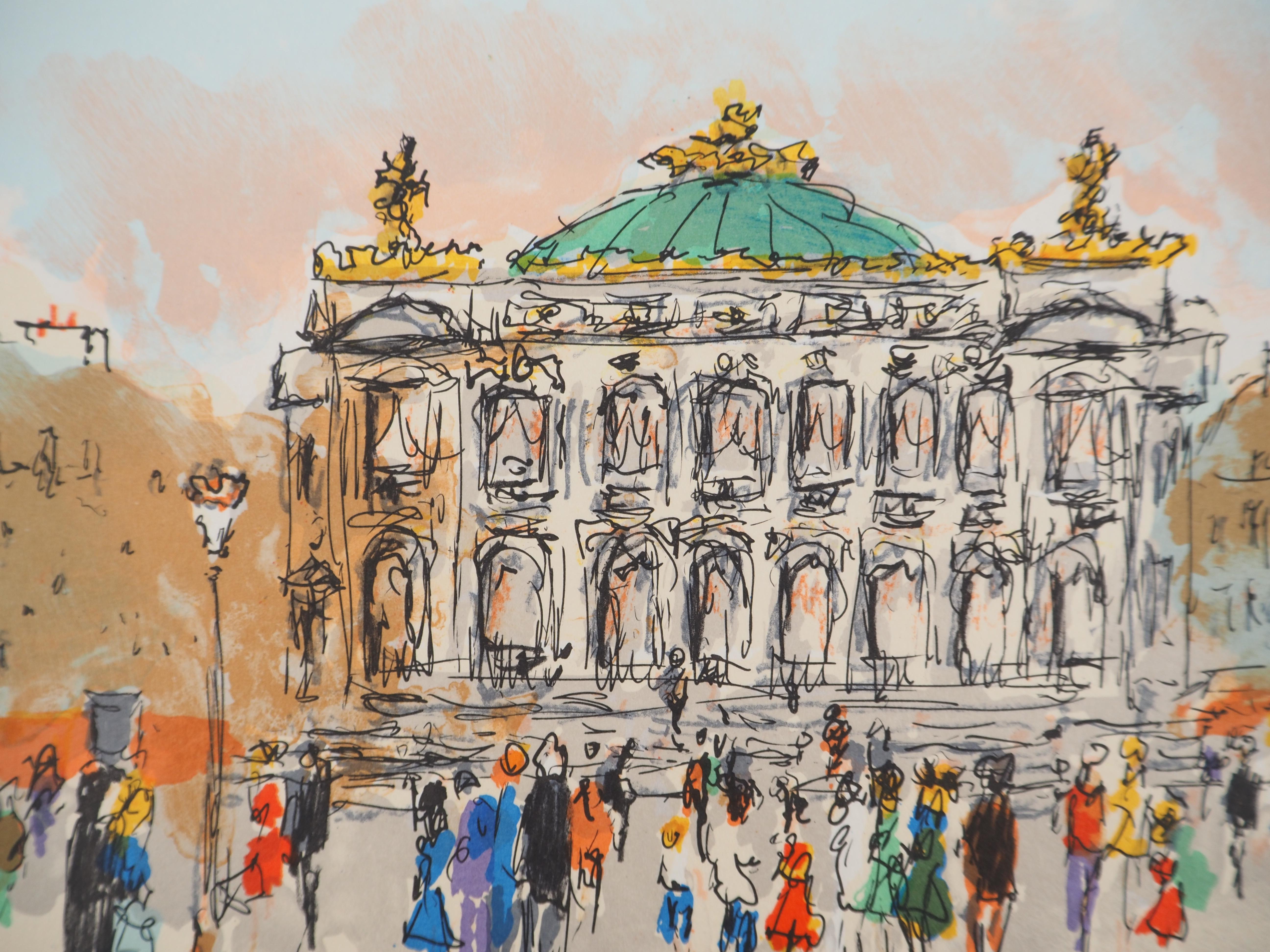Opera di Parigi: Palazzo Garnier - Litografia originale firmata e numerata - Landscape Print Beige di Urbain Huchet