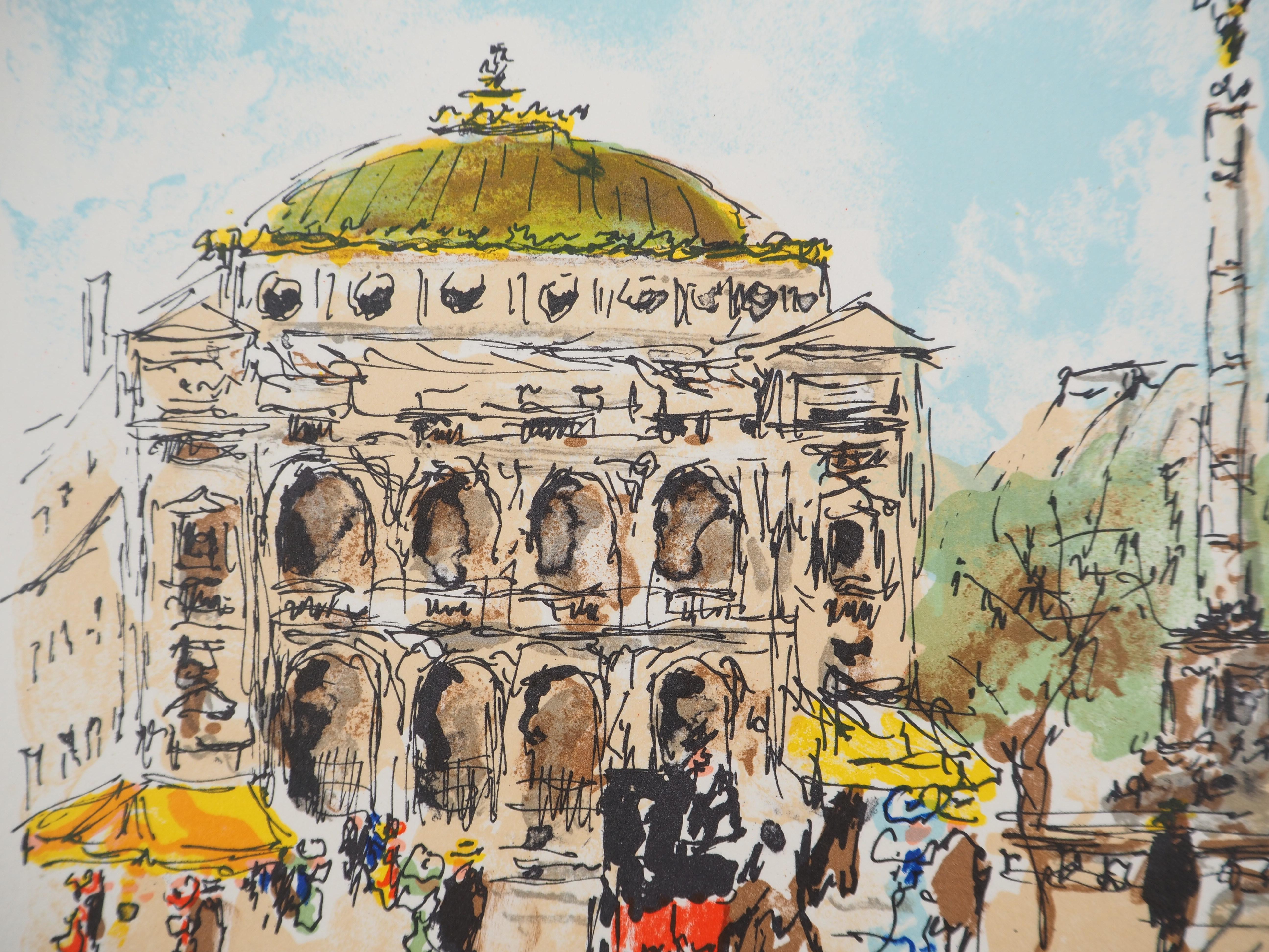 Paris : Opera Square - Original Lithograph Handsigned and Numbered - Print by Urbain Huchet