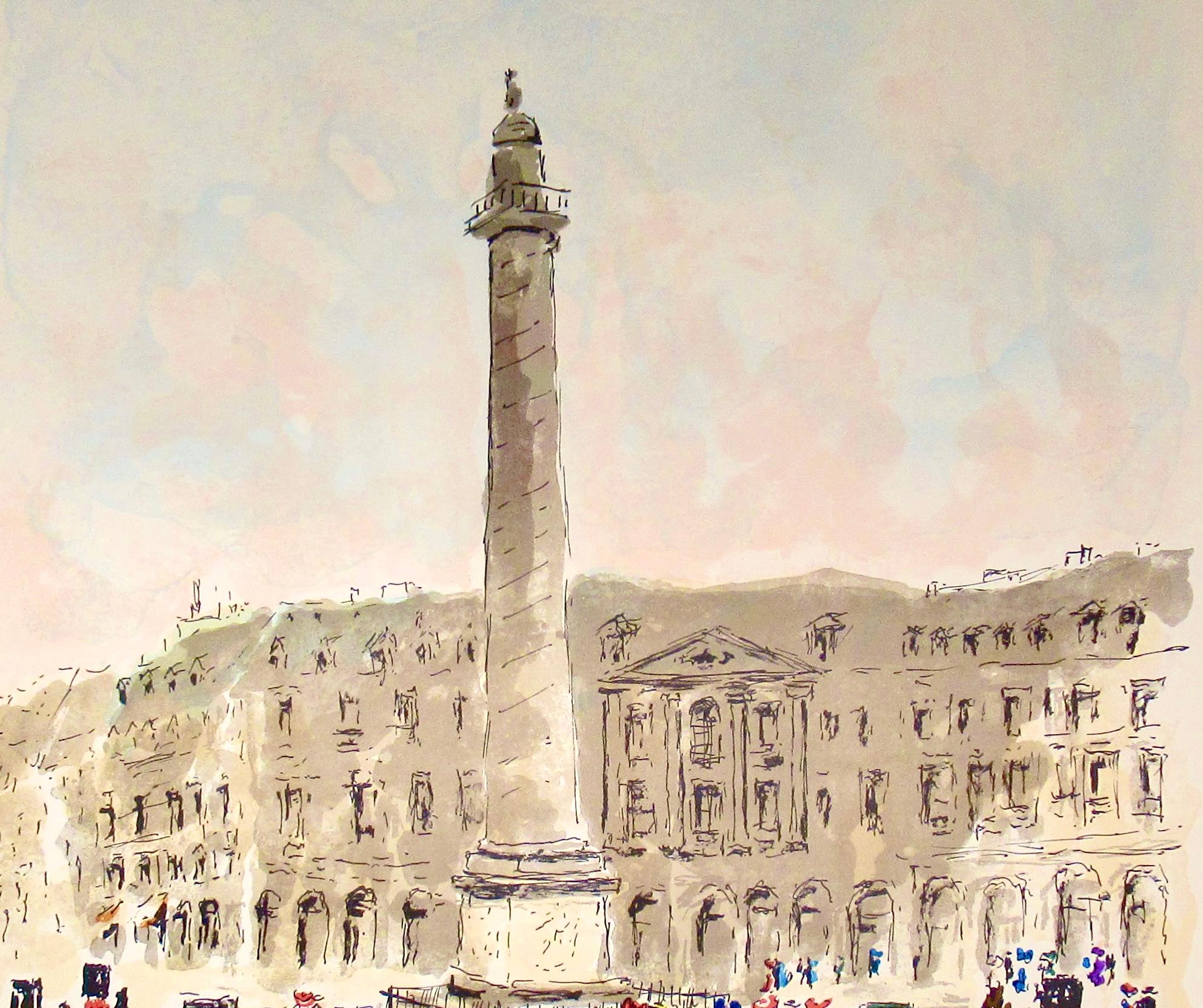 Paris, Place De La bastille - Beige Figurative Print by Urbain Huchet