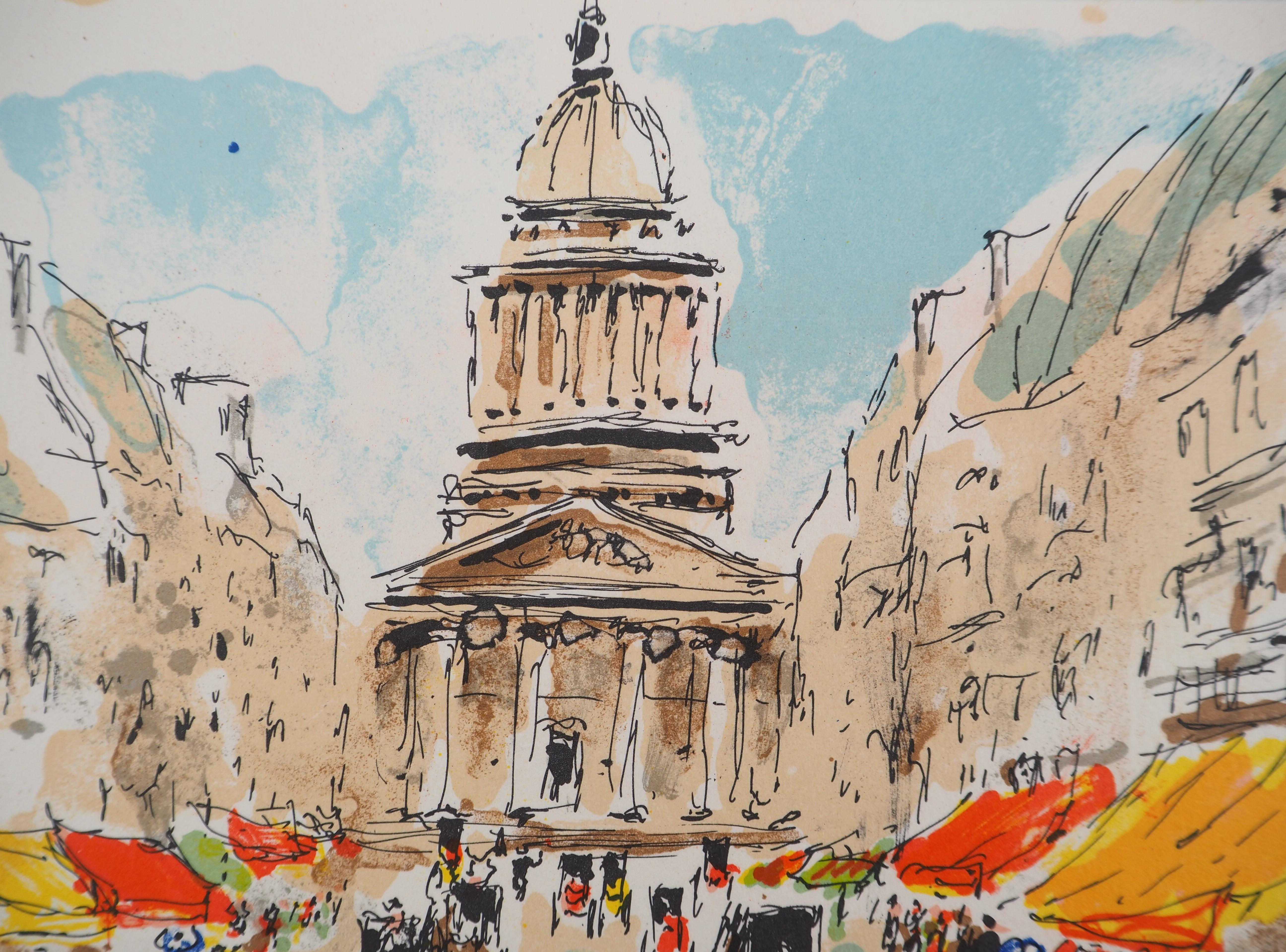 París : Barrio Latino y Panteón - Litografía original firmada a mano y numerada - Print de Urbain Huchet