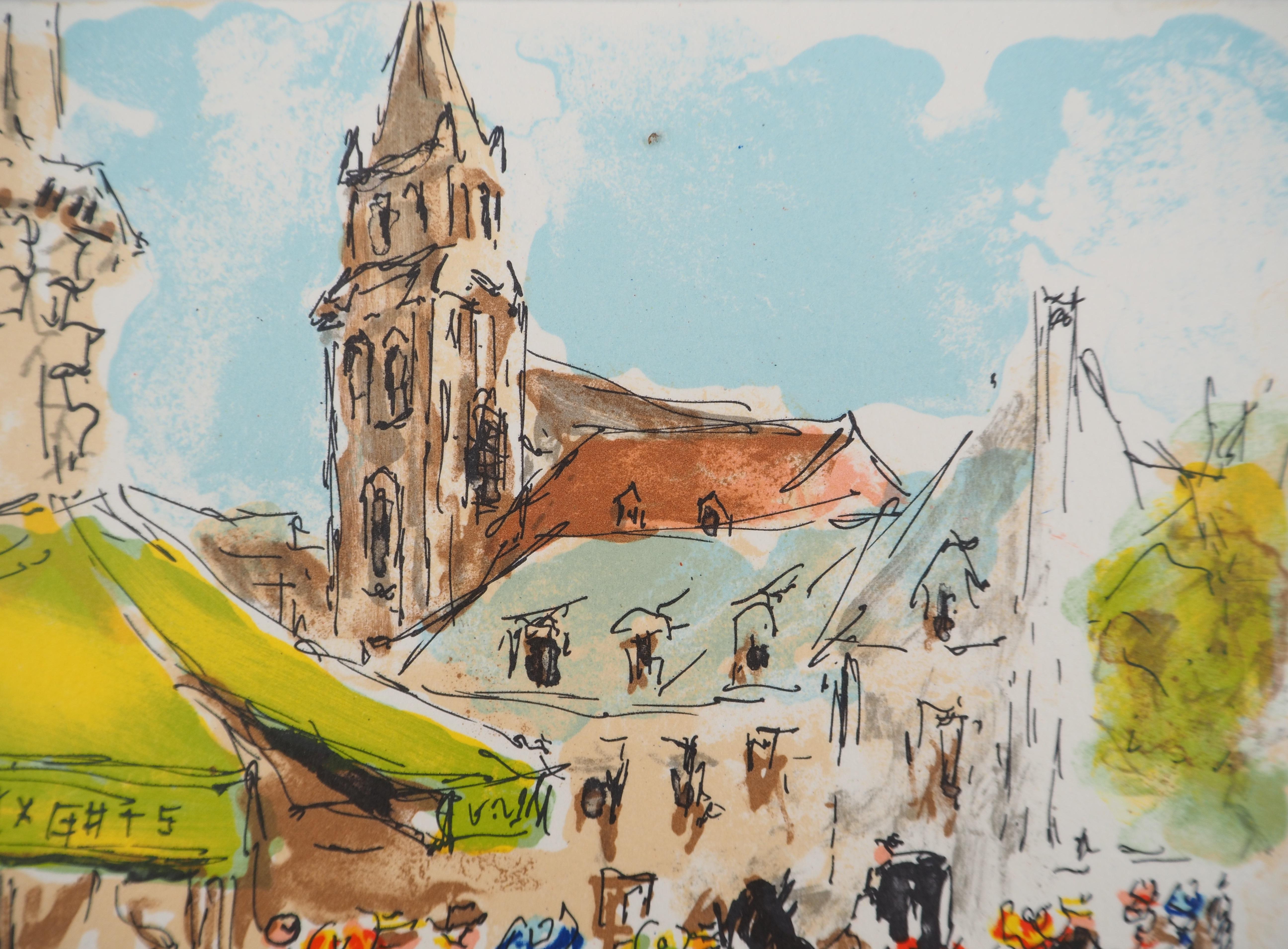 París : Saint Germain des Pres - Litografía original firmada a mano y numerada - Print de Urbain Huchet
