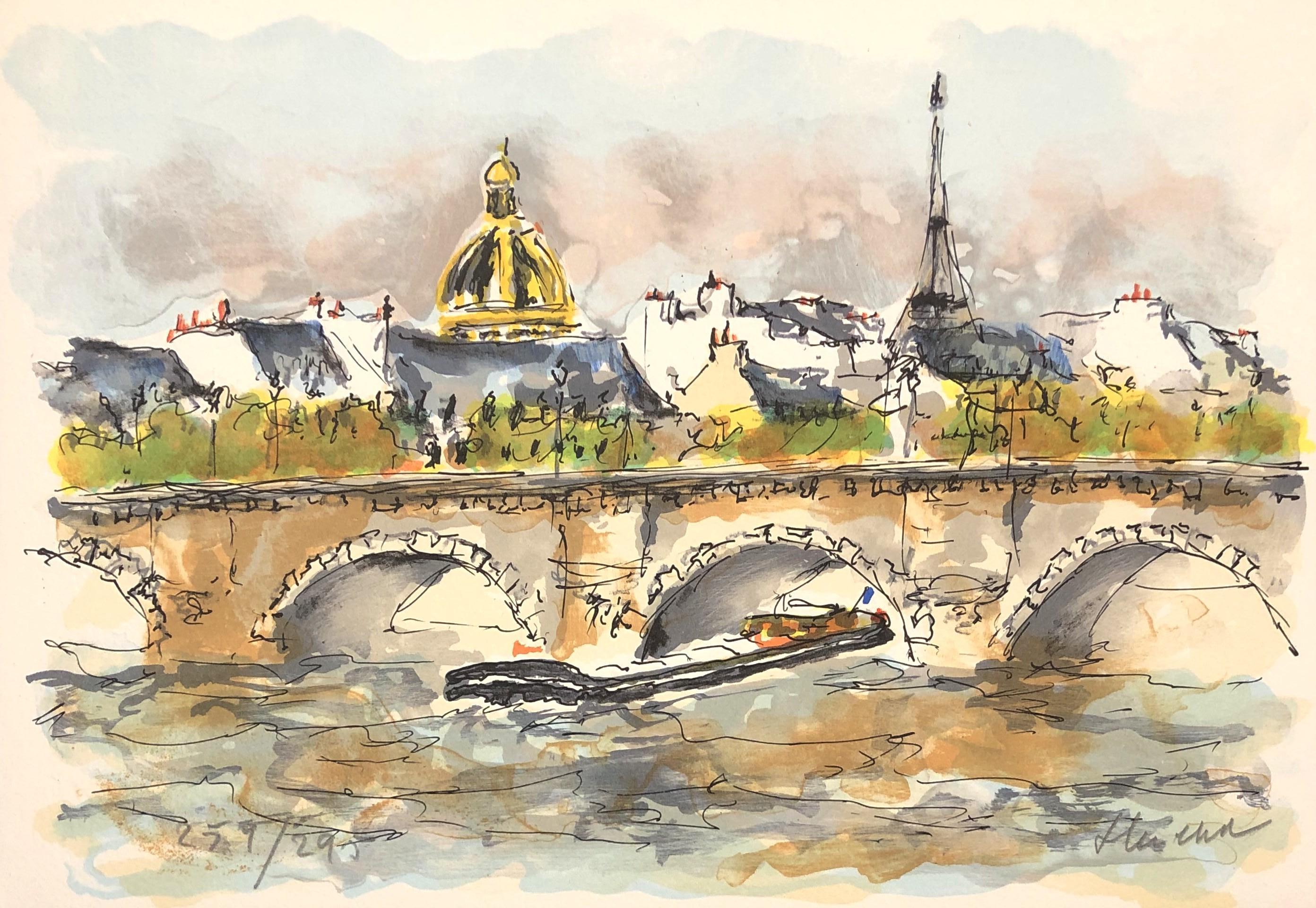 Urbain Huchet Landscape Print – Paris – Seine und Eiffelturm – Originallithographie, handsigniert und nummeriert
