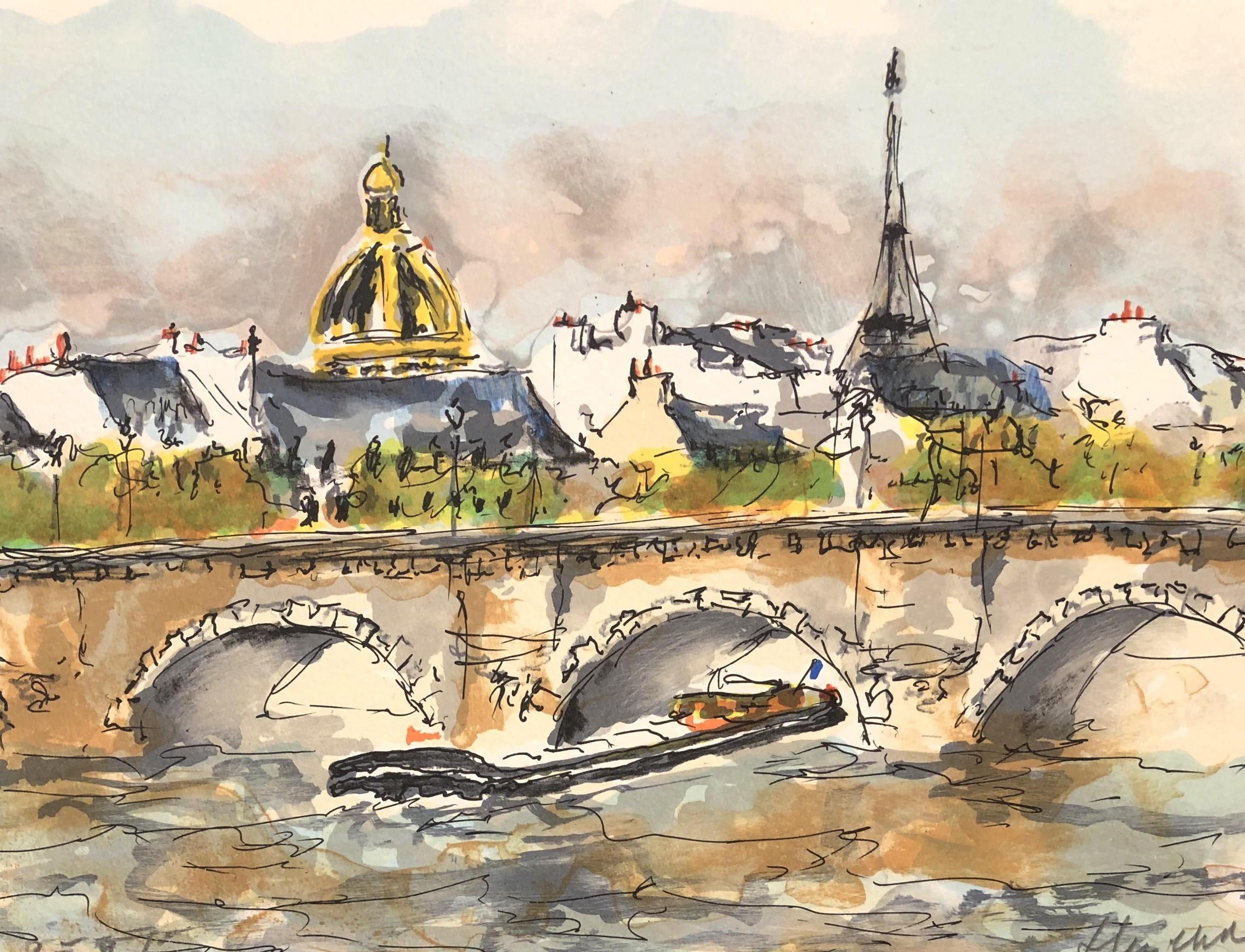 Paris - Seine and Eiffel Tower - Original Lithograph Handsigned and Numbered - Print by Urbain Huchet