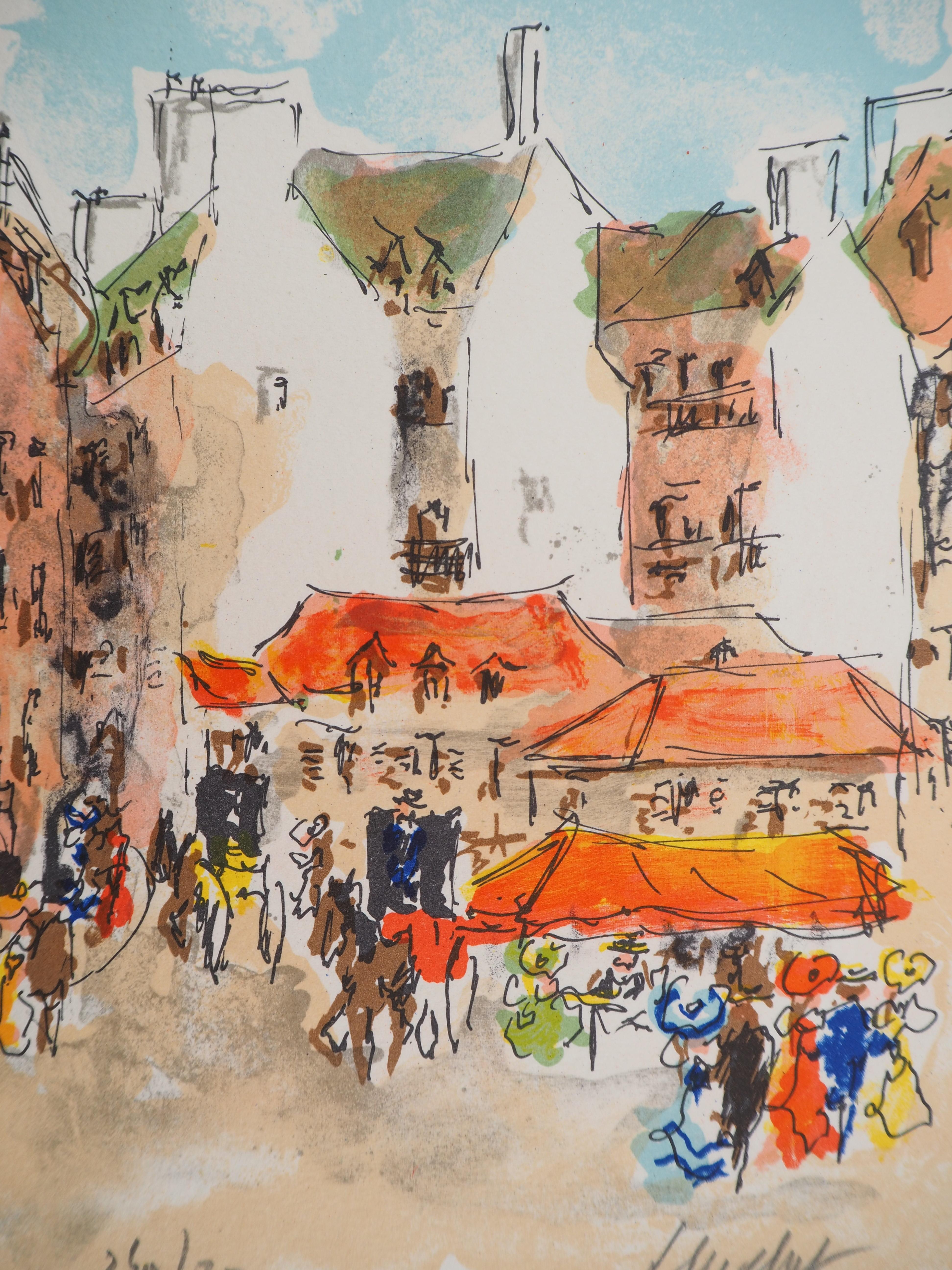 París : Plaza cerca de Saint Germain - Litografía original firmada a mano y numerada - Print de Urbain Huchet