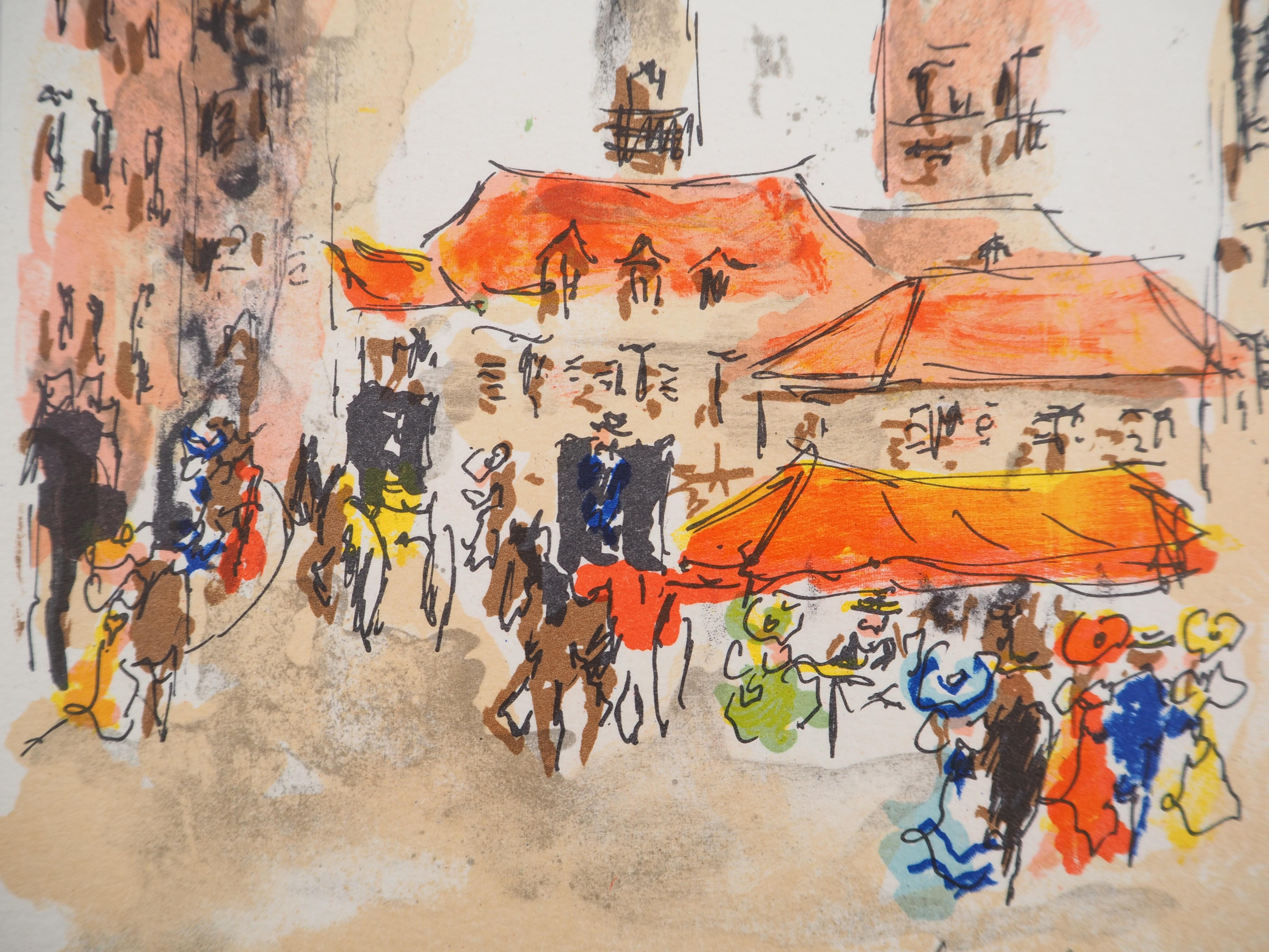 París : Plaza cerca de Saint Germain - Litografía original firmada a mano y numerada - Landscape Print Beige de Urbain Huchet