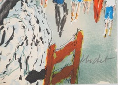 Paris : Terrace of a Café And Eiffel Tower - Original Lithograph Handsigned