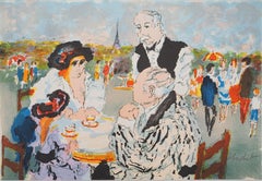 Paris : Terrace of a Café And Eiffel Tower - Original Lithograph Handsigned