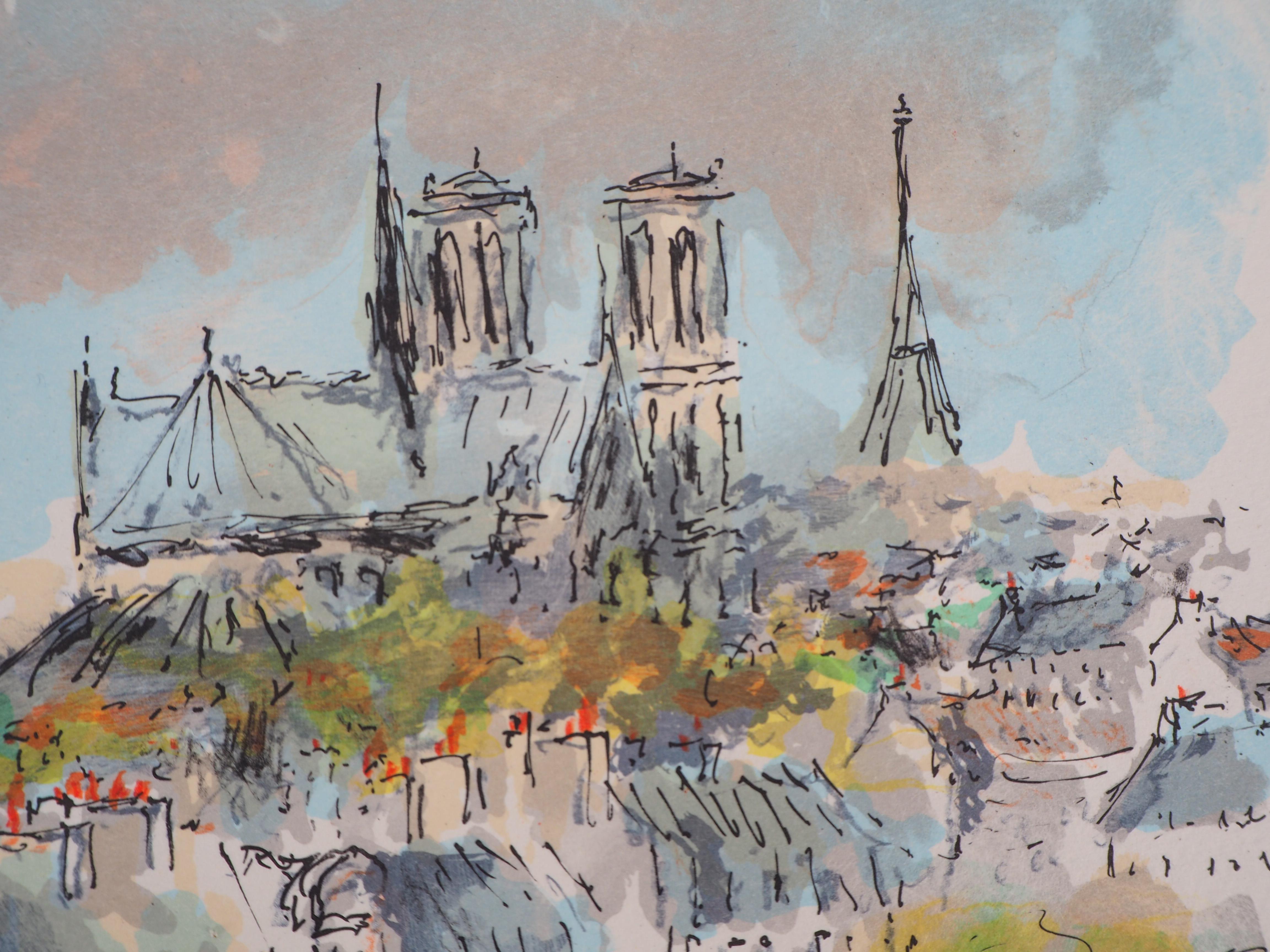 Roofs of Paris and Notre Dame - Original Lithograph Handsigned  - Modern Print by Urbain Huchet
