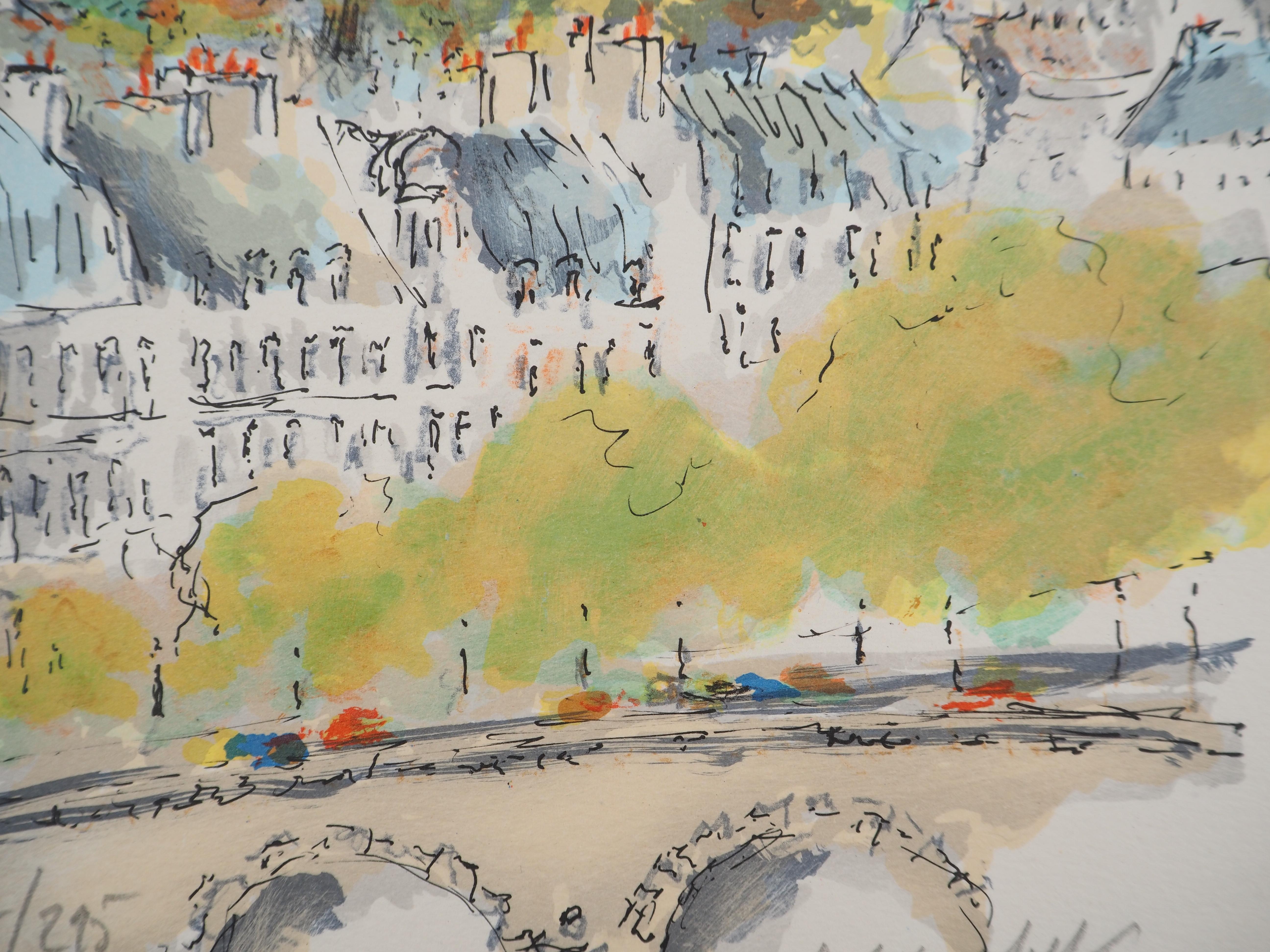 Tejados de París y Notre Dame - Litografía original firmada a mano en venta 1