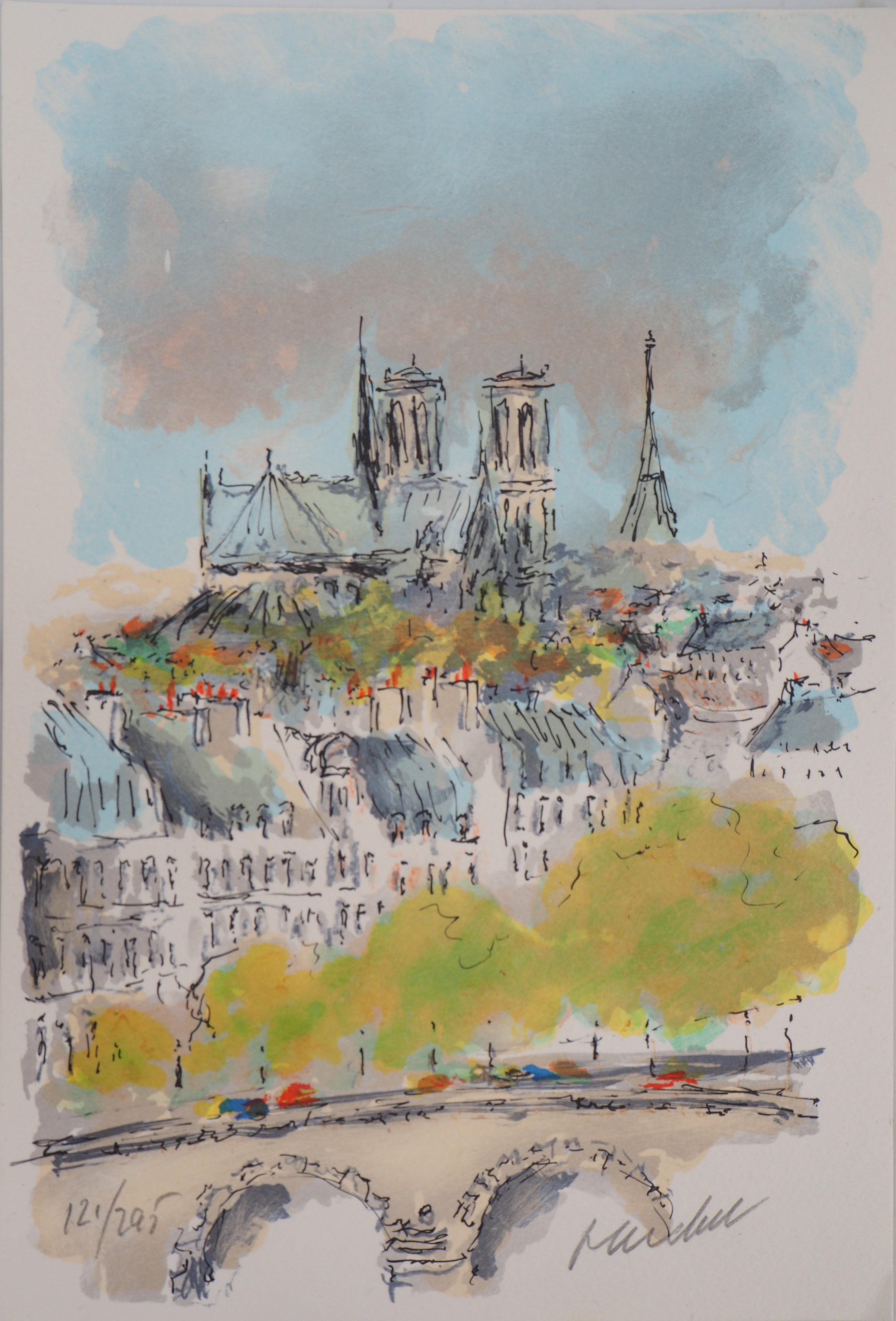 Urbain Huchet Landscape Print - Roofs of Paris and Notre Dame - Original Lithograph Handsigned 