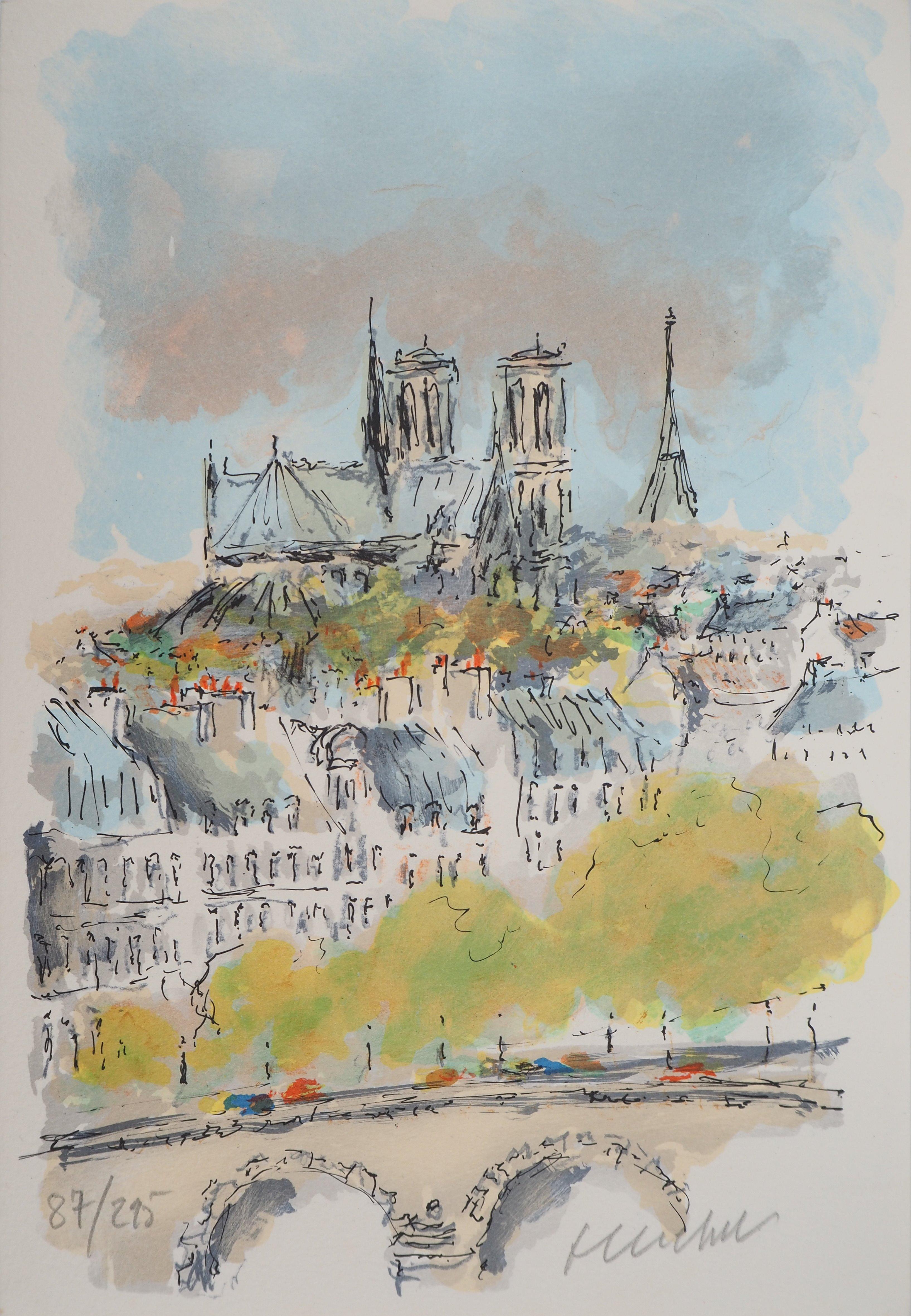 Landscape Print de Urbain Huchet - Tejados de París y Notre Dame - Litografía original firmada a mano
