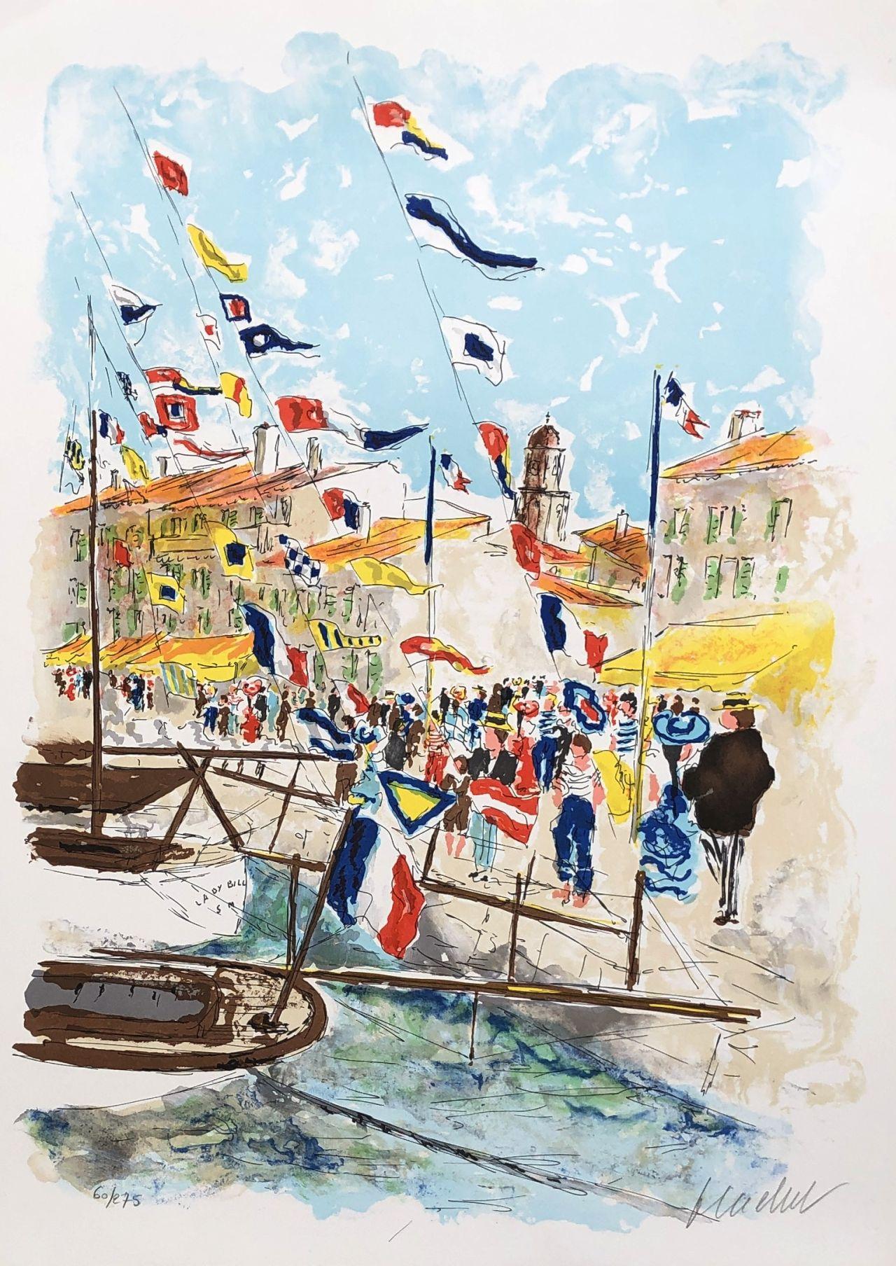 Urbain Huchet Landscape Print - Saint Tropez French Riviera - Original Lithograph Handisgned and numbered