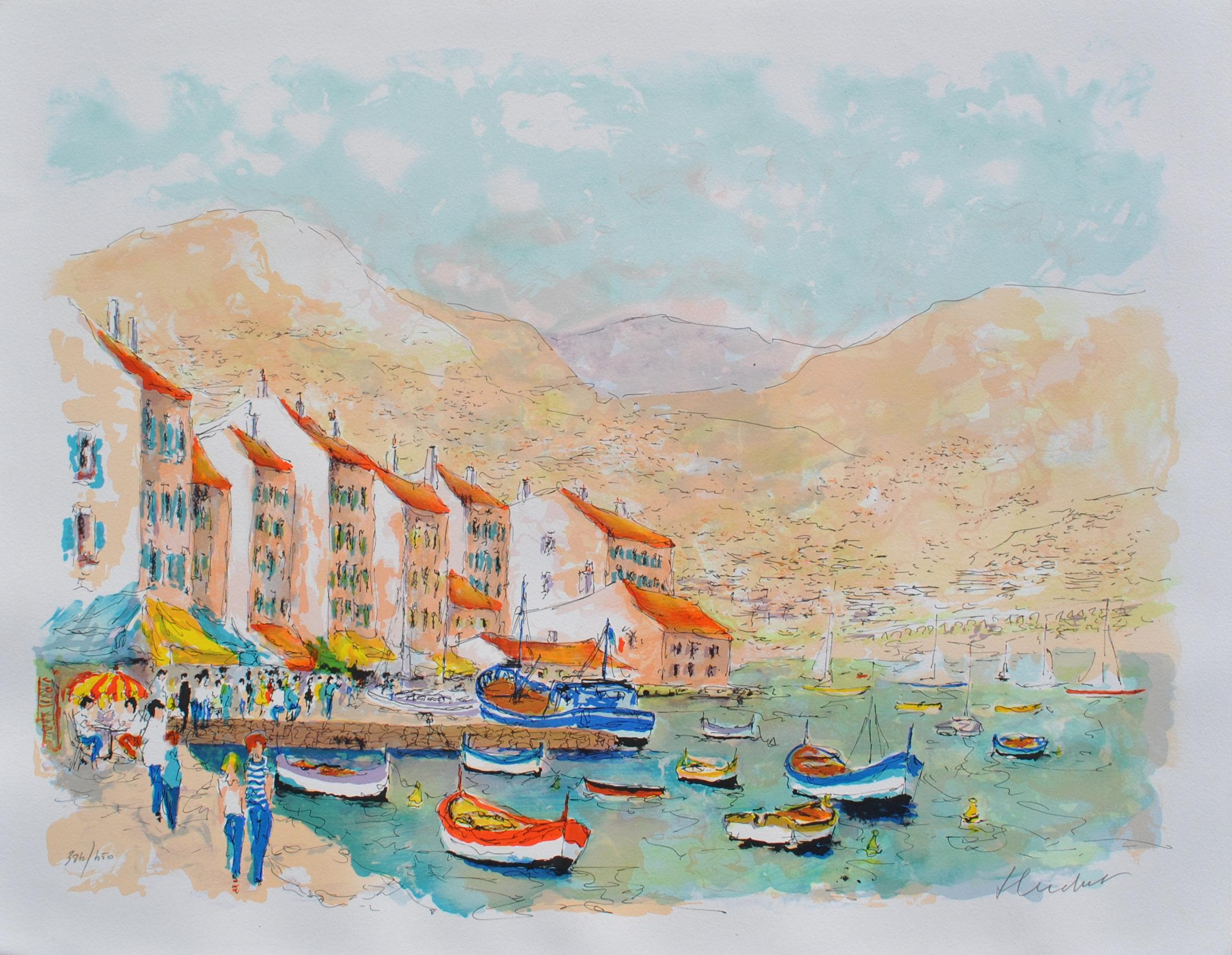 Sea Side in Saint Tropez - Handsigned lithograph - Gray Landscape Print by Urbain Huchet