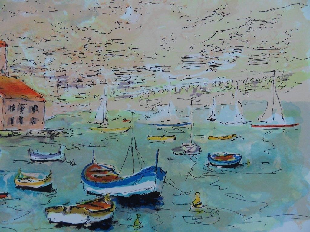 Orilla del mar en Saint Tropez - Litografía firmada a mano - Landscape Print Gris de Urbain Huchet