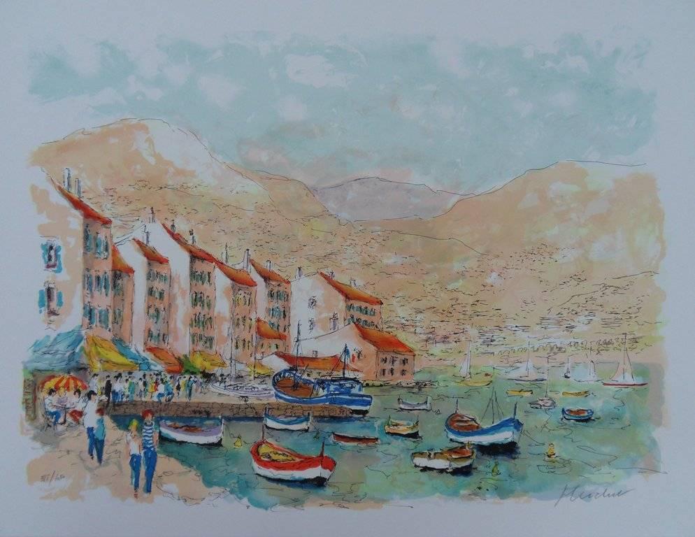 Landscape Print Urbain Huchet - Lithographie signée à la main « Sea Side in Saint Tropez »