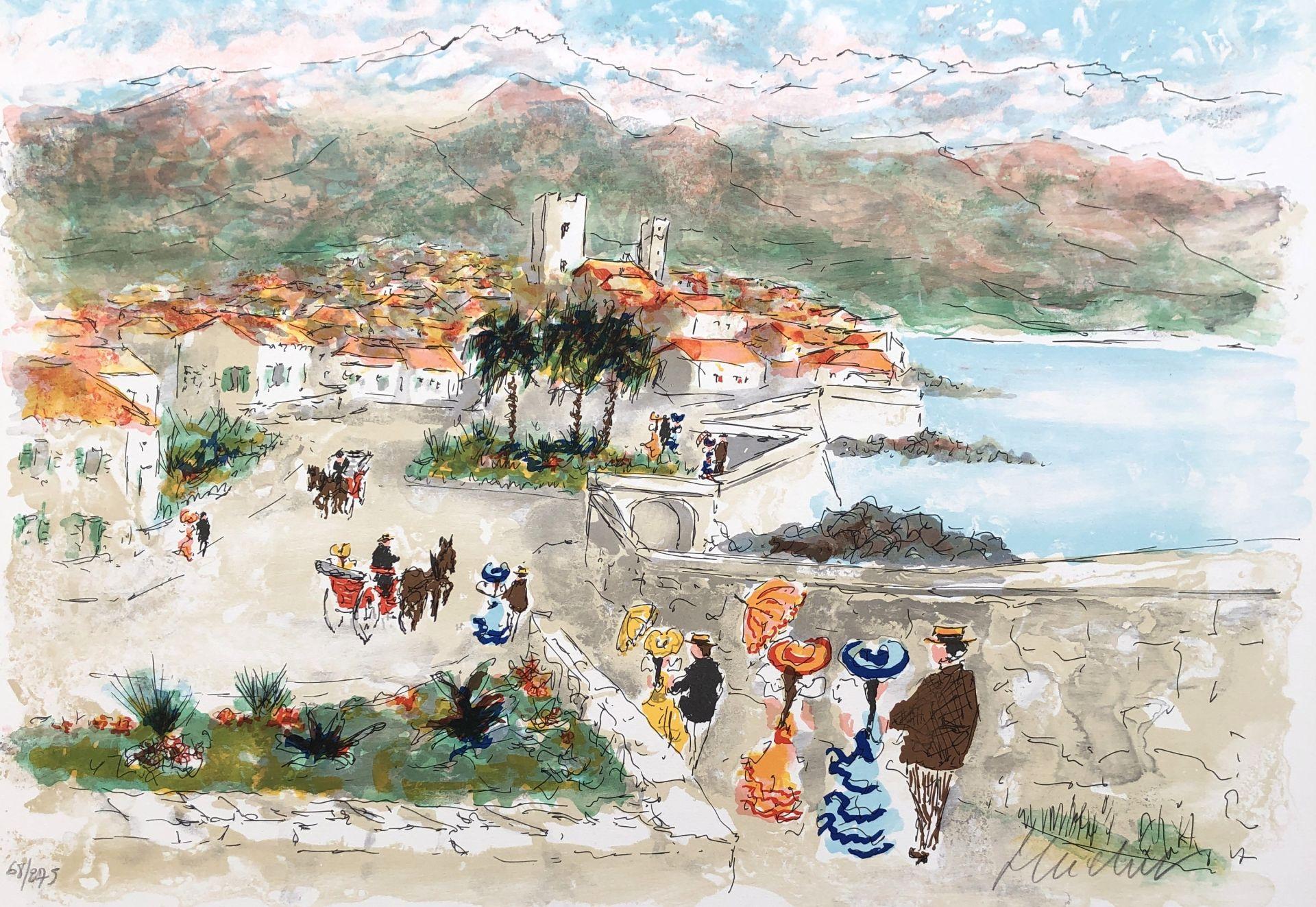 View of Antibes French Riviera - Lithographie originale signée et numérotée à la main - Print de Urbain Huchet