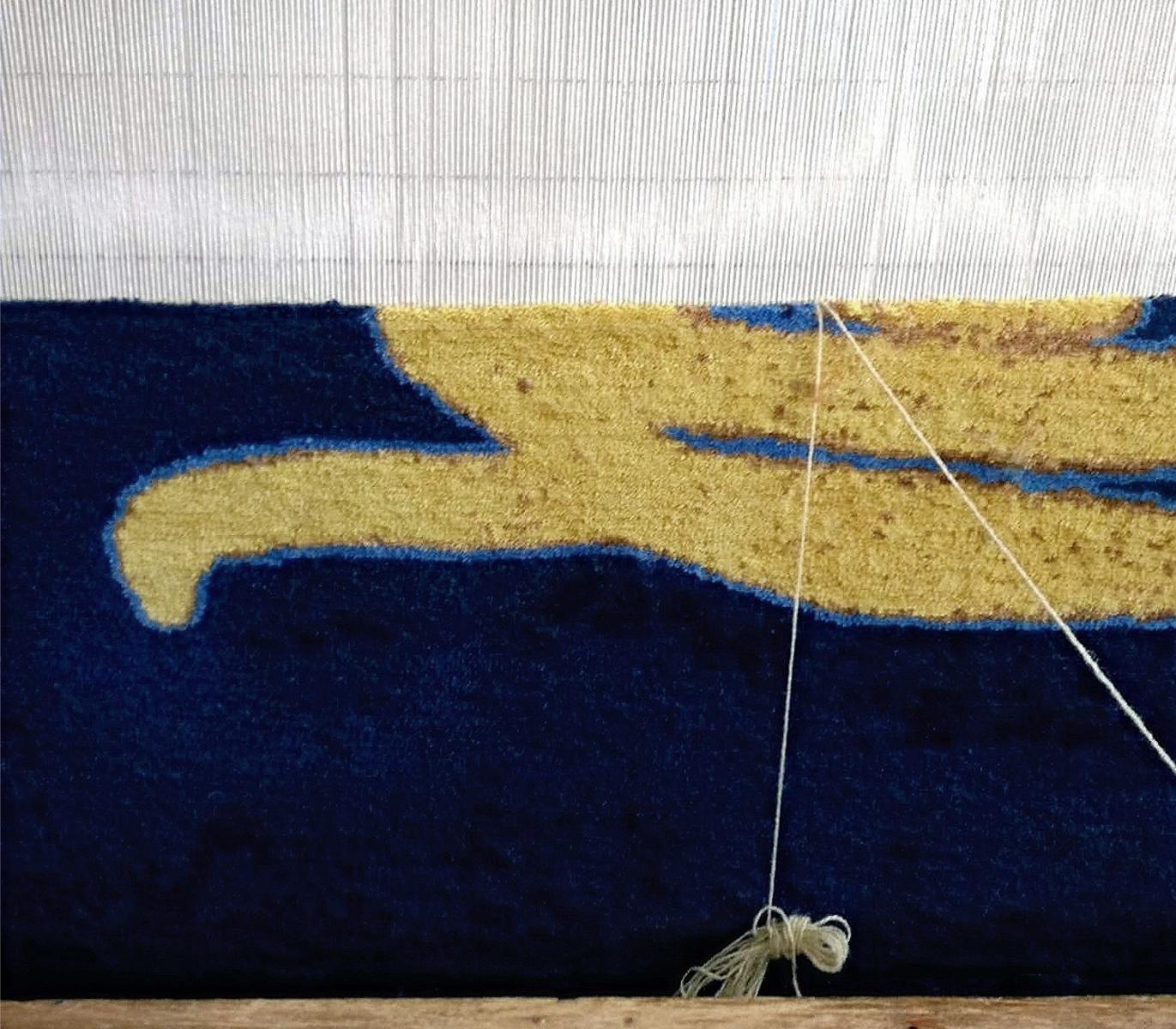 Bulgarian Mini Urban Deli Graffiti Contemporary Handknotted Wool Rug Rankin Rugs, 'Blue' For Sale